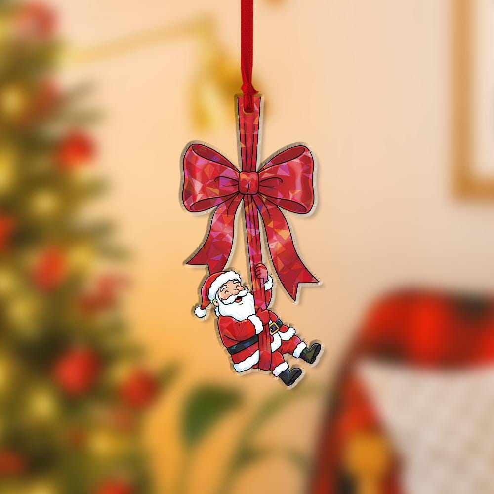 Acrylic Santa Hologram Ornament: Christmas Tree Decoration with Red Bow and Holiday Design