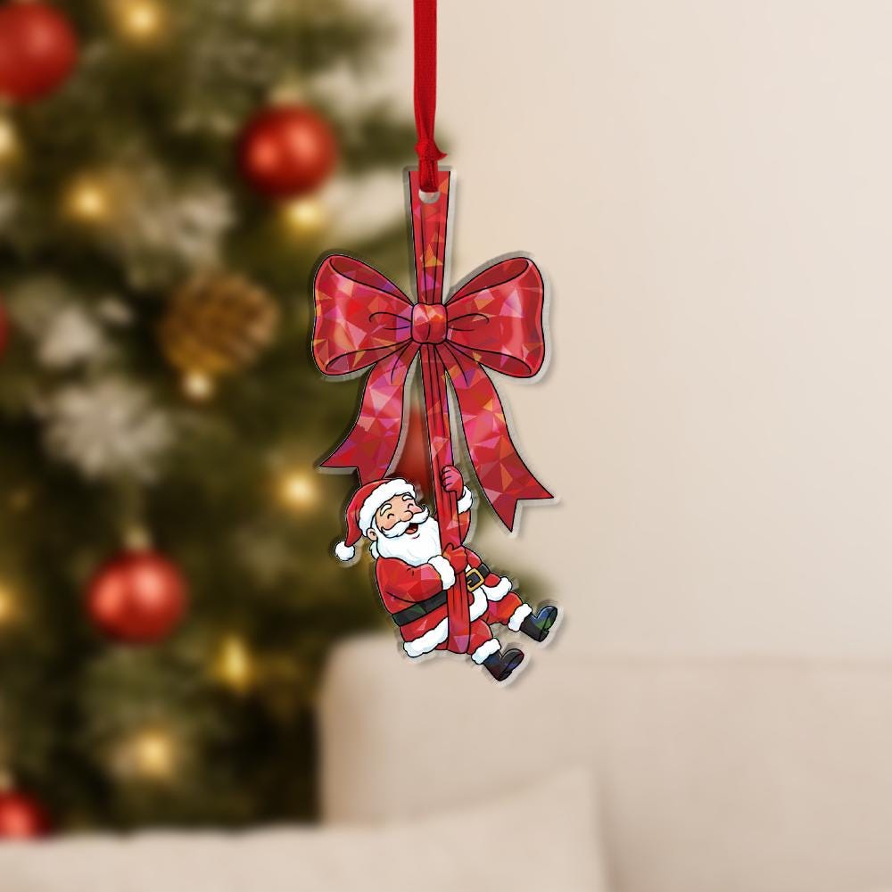 Acrylic Santa Hologram Ornament: Christmas Tree Decoration with Red Bow and Holiday Design
