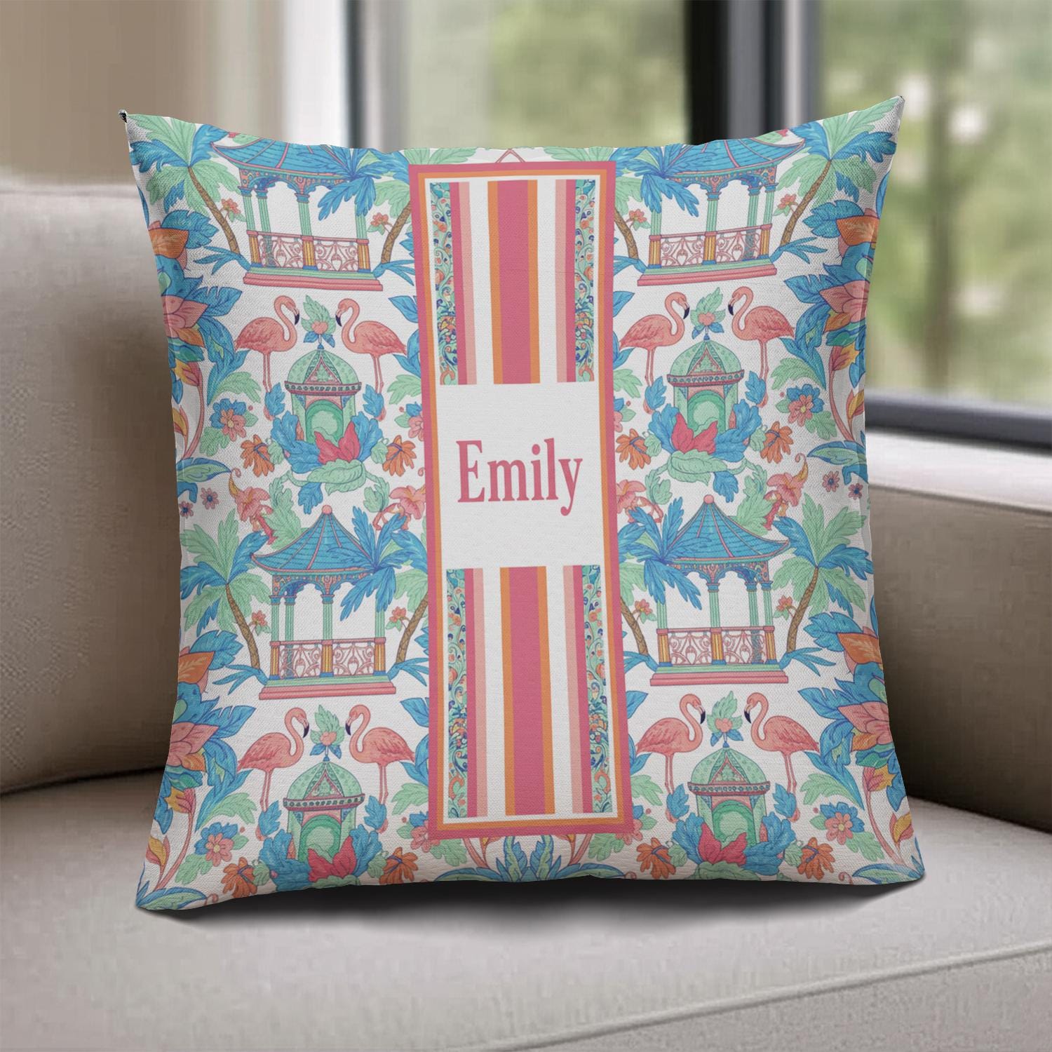 Custom Tropical Flamingo Pillow with Insert | Personalized Cushion with Name and Colorful Garden Design
