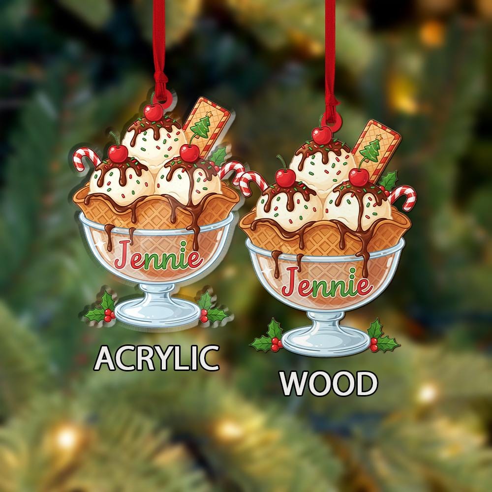 Personalized Acrylic Ice Cream Ornament: Christmas Tree Decoration with Candy Canes and Cherries