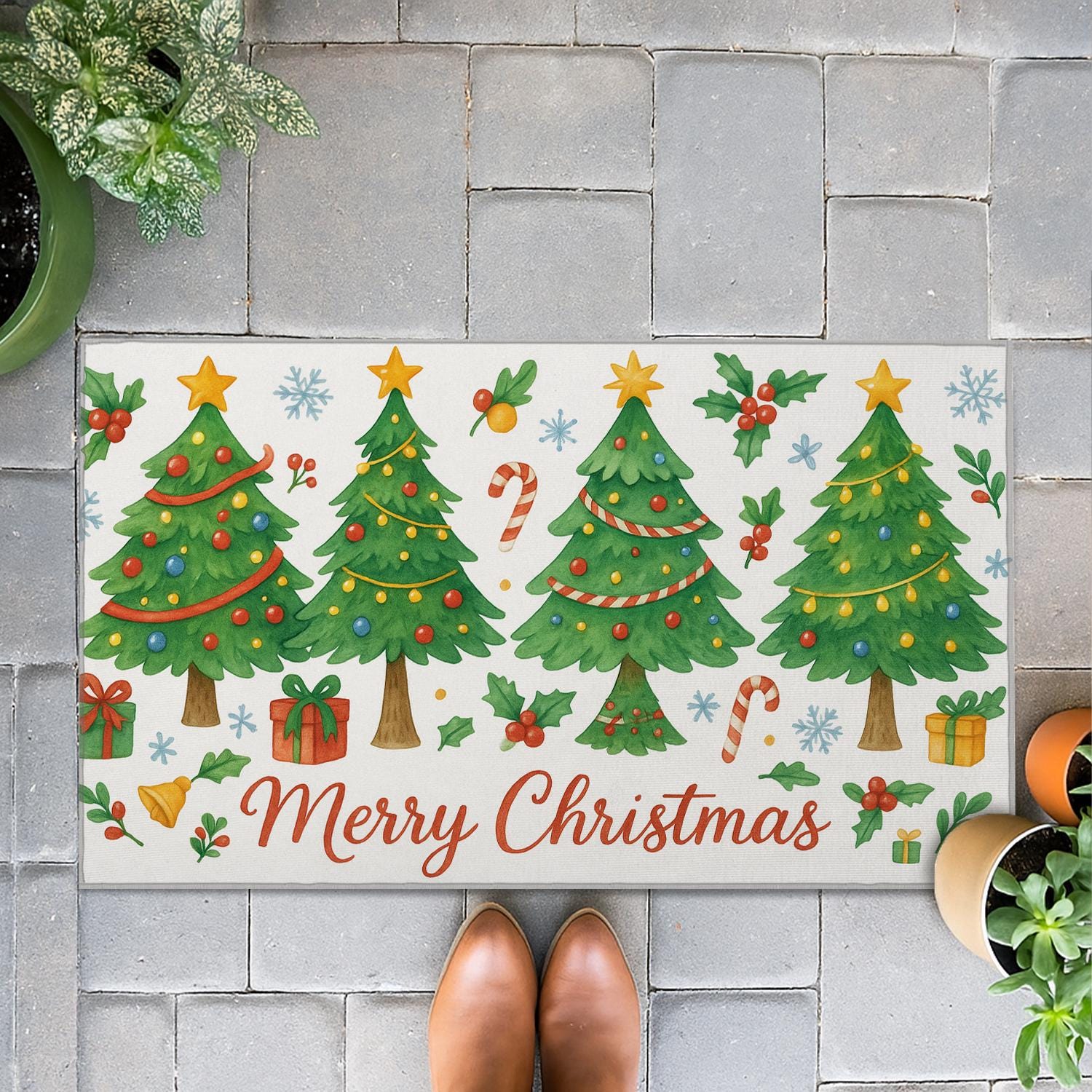 Christmas Doormat: Christmas Entry Rug with Trees and Holiday Decor