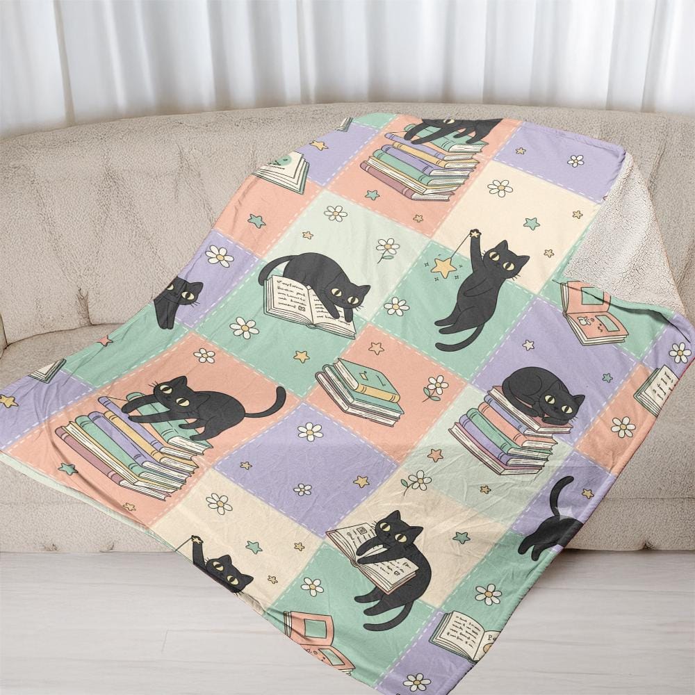 Black Cat Fleece Blanket: Cozy Throw with Books and Stars