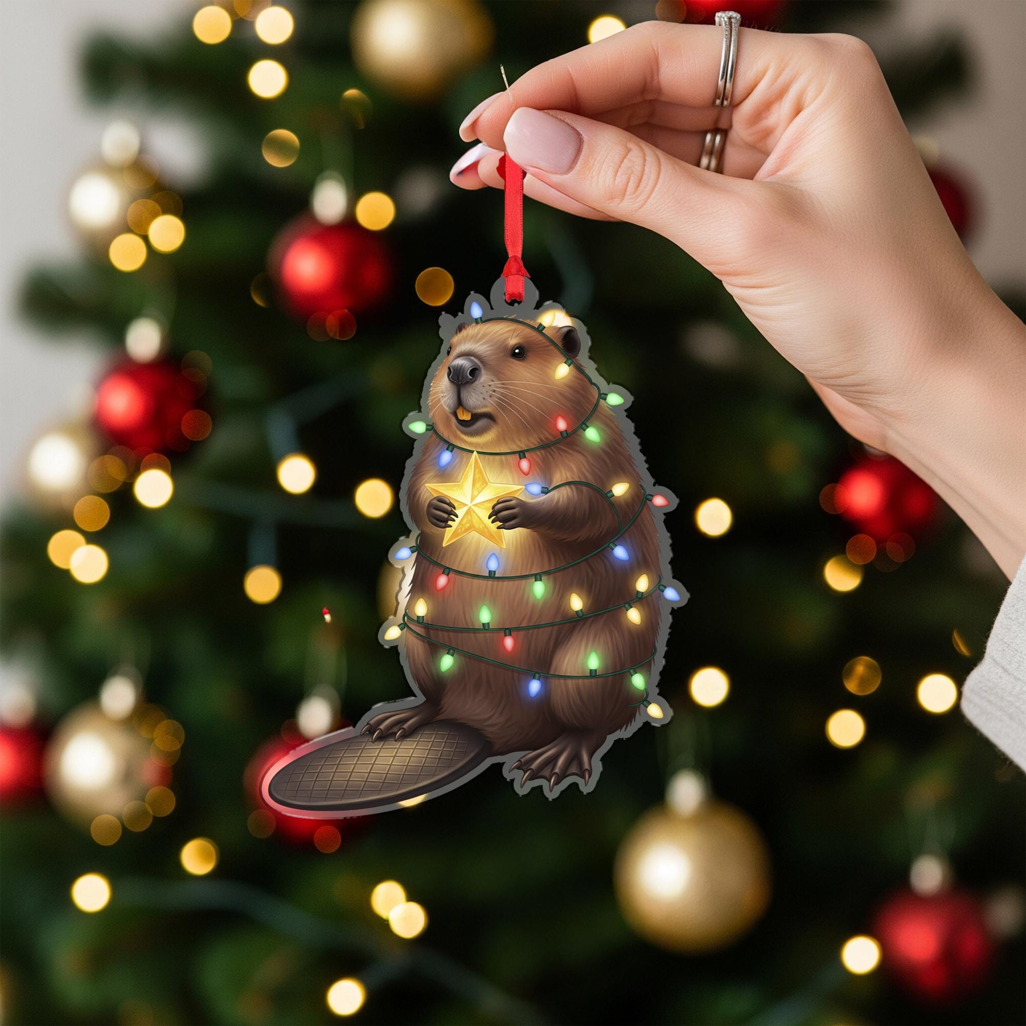 Beaver Christmas Ornament – Cute Holiday Tree Decoration, Funny Woodland Animal Gift, Beaver Holding Star Wrapped in Lights