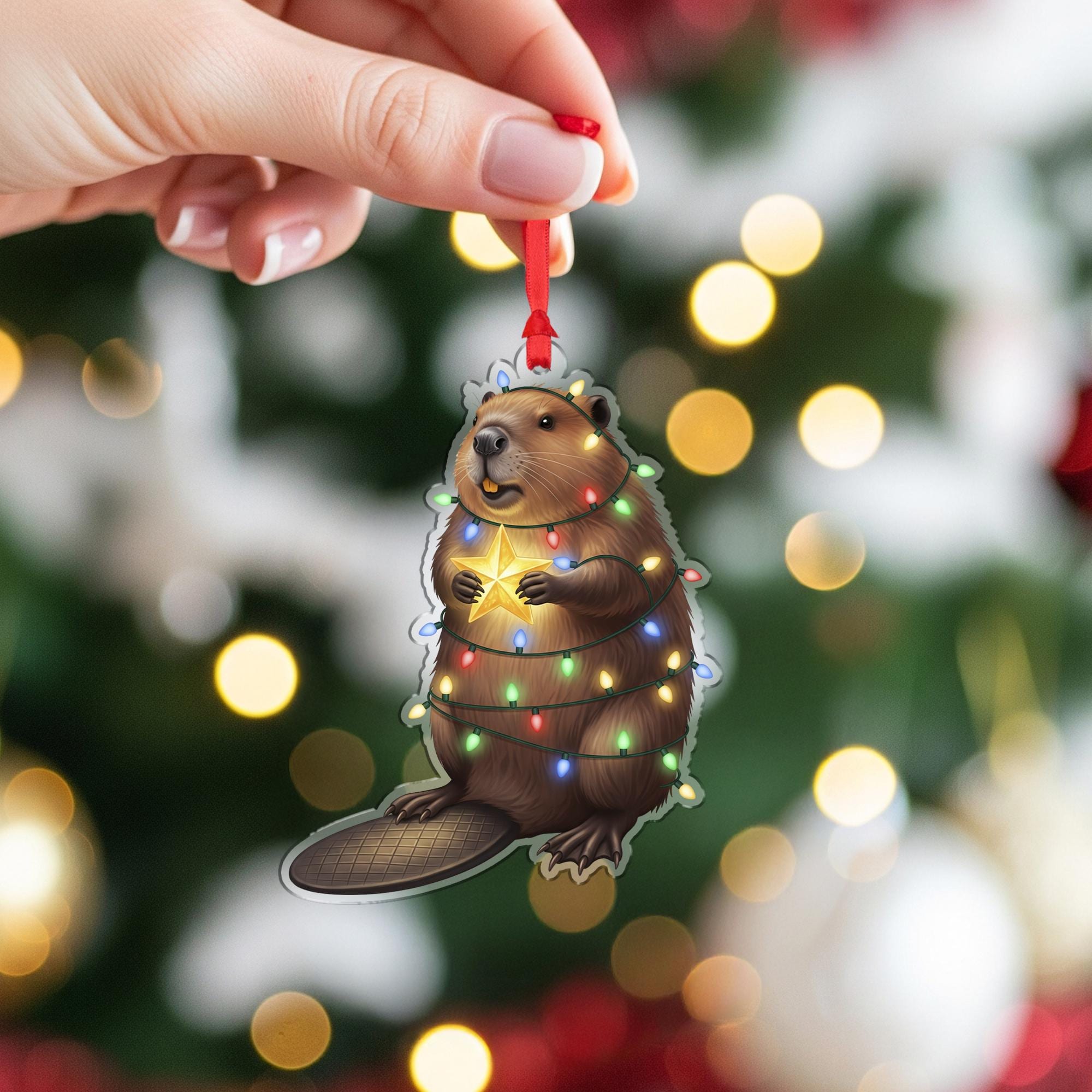 Beaver Christmas Ornament – Cute Holiday Tree Decoration, Funny Woodland Animal Gift, Beaver Holding Star Wrapped in Lights