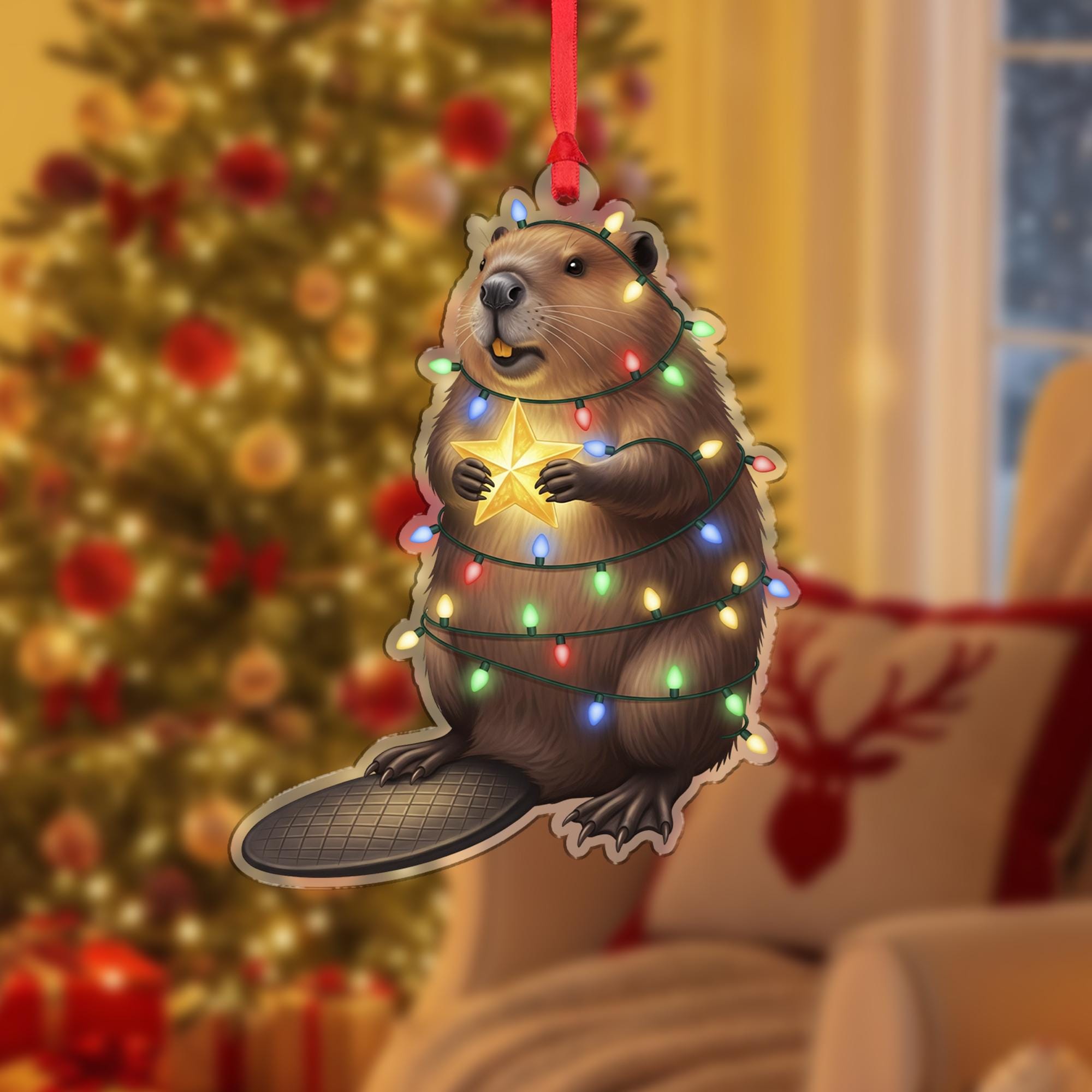 Beaver Christmas Ornament – Cute Holiday Tree Decoration, Funny Woodland Animal Gift, Beaver Holding Star Wrapped in Lights