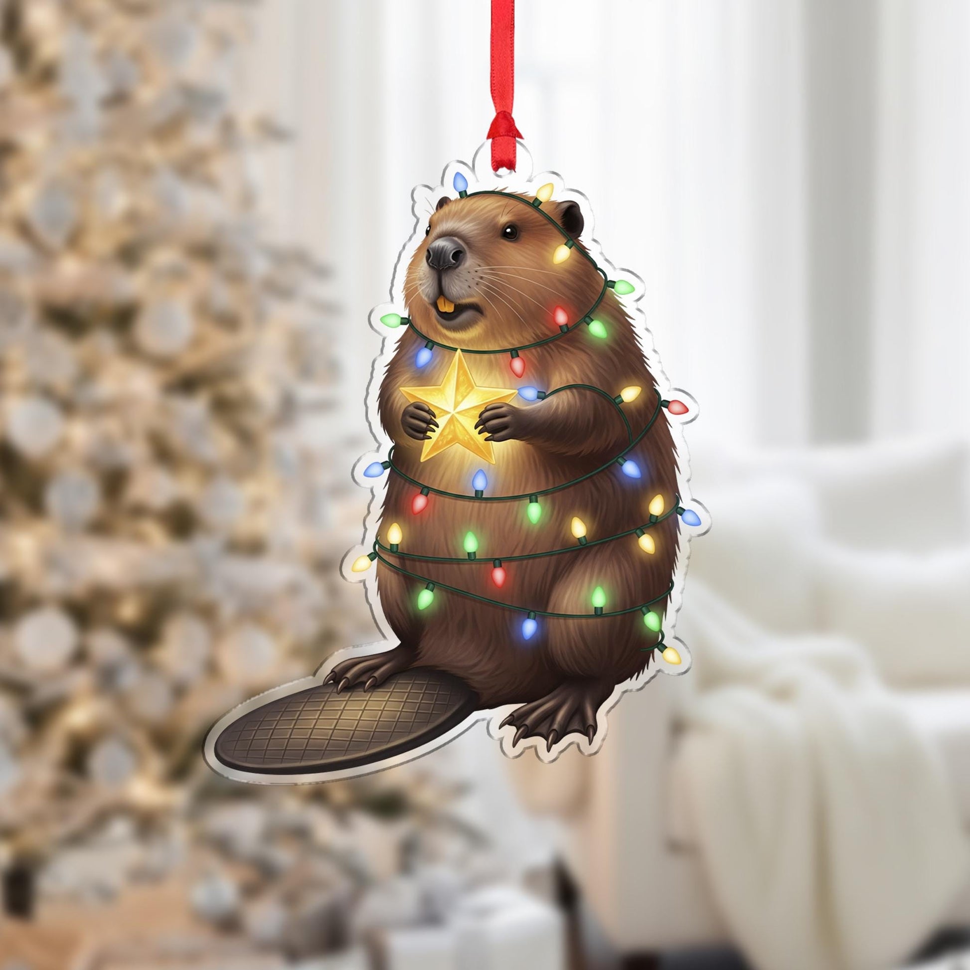 Beaver Christmas Ornament – Cute Holiday Tree Decoration, Funny Woodland Animal Gift, Beaver Holding Star Wrapped in Lights