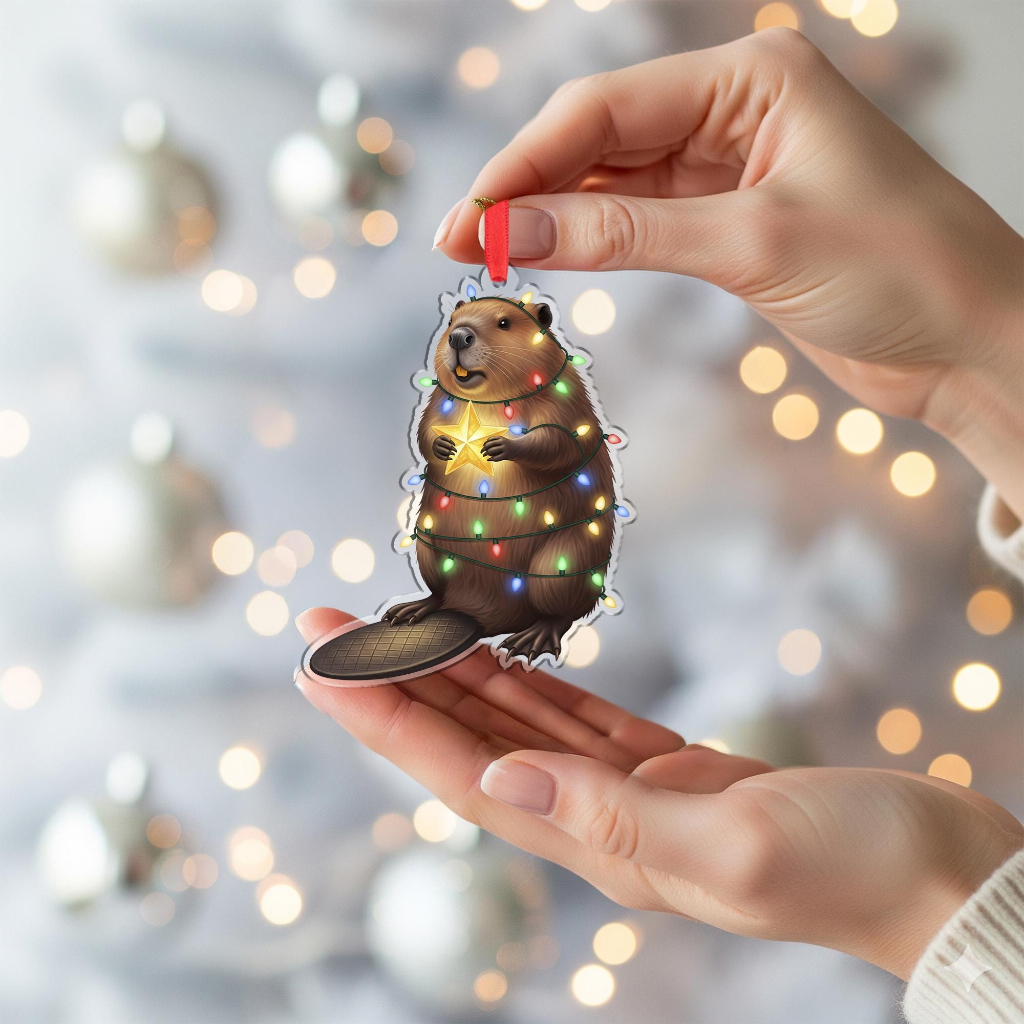 Beaver Christmas Ornament – Cute Holiday Tree Decoration, Funny Woodland Animal Gift, Beaver Holding Star Wrapped in Lights