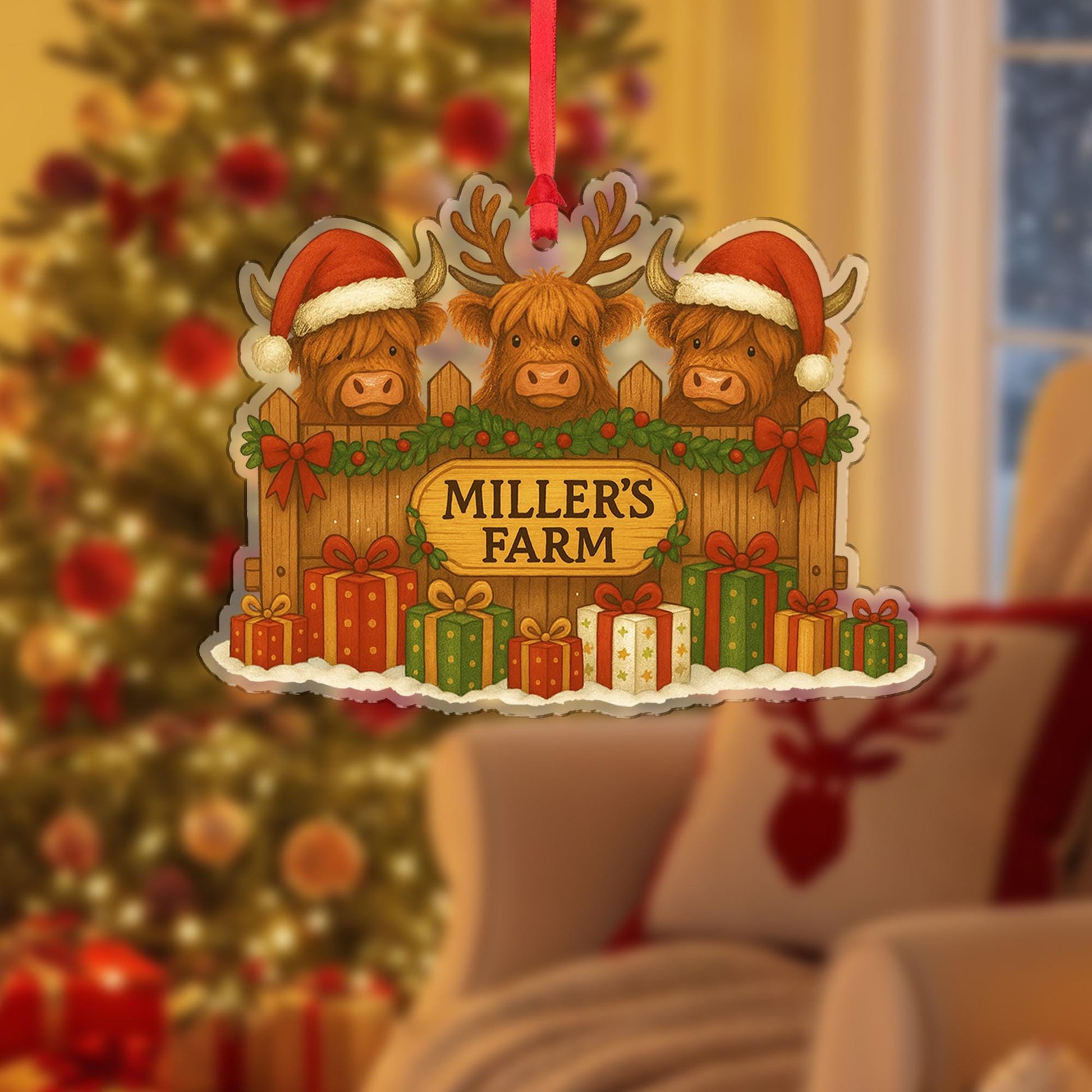 Personalized Highland Cow Ornament: Rustic Farm Christmas Decoration