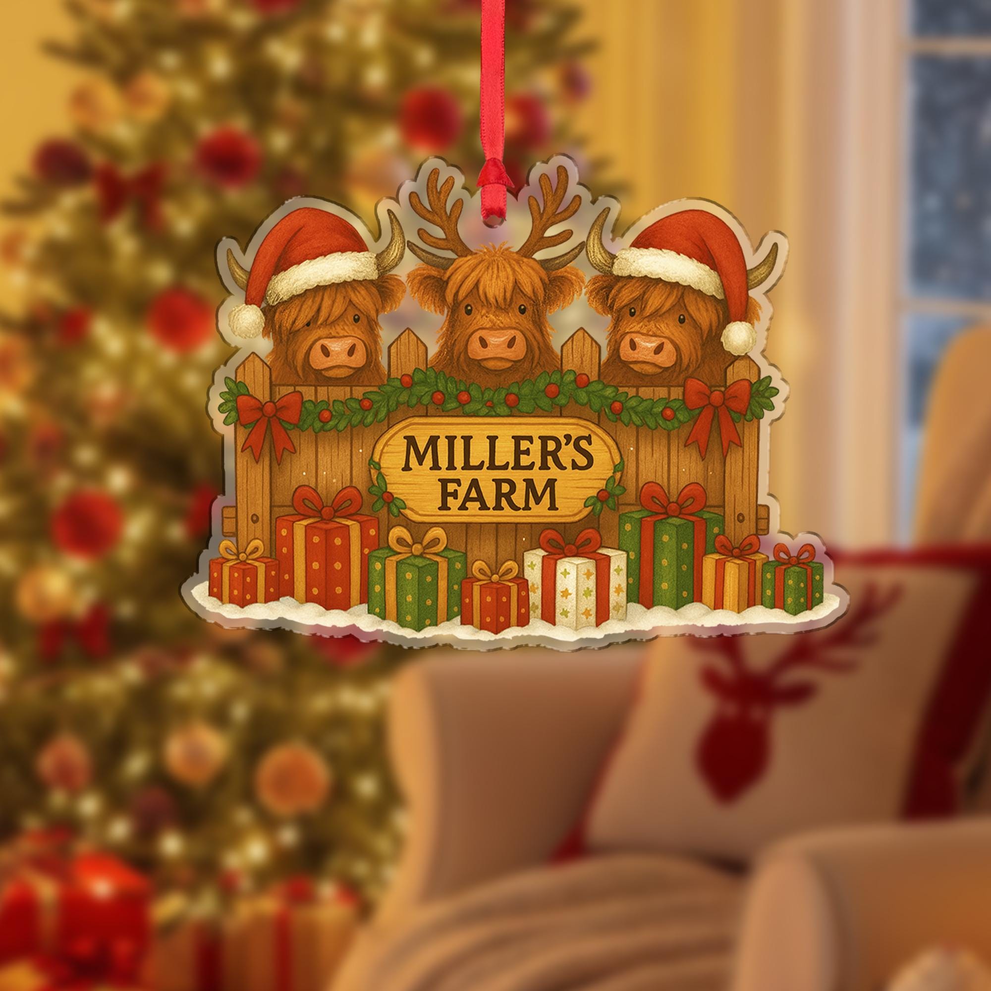 Personalized Highland Cow Ornament: Rustic Farm Christmas Decoration