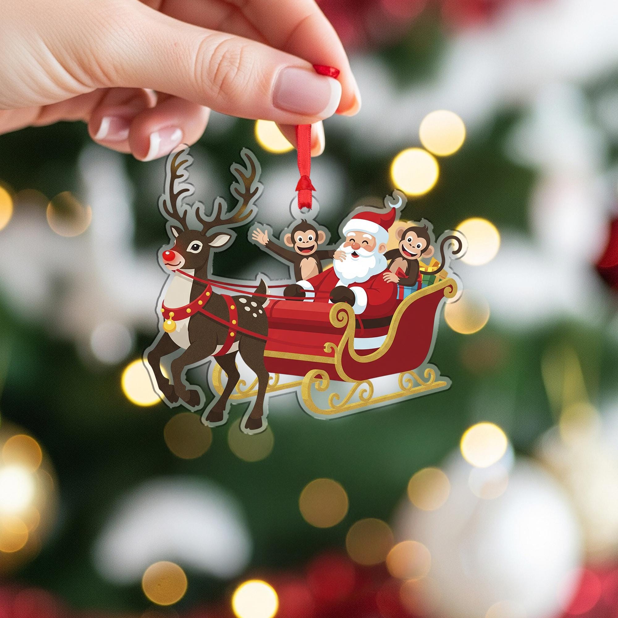 Santa Sleigh Ornament with Reindeer and Monkeys: Christmas Tree Decoration
