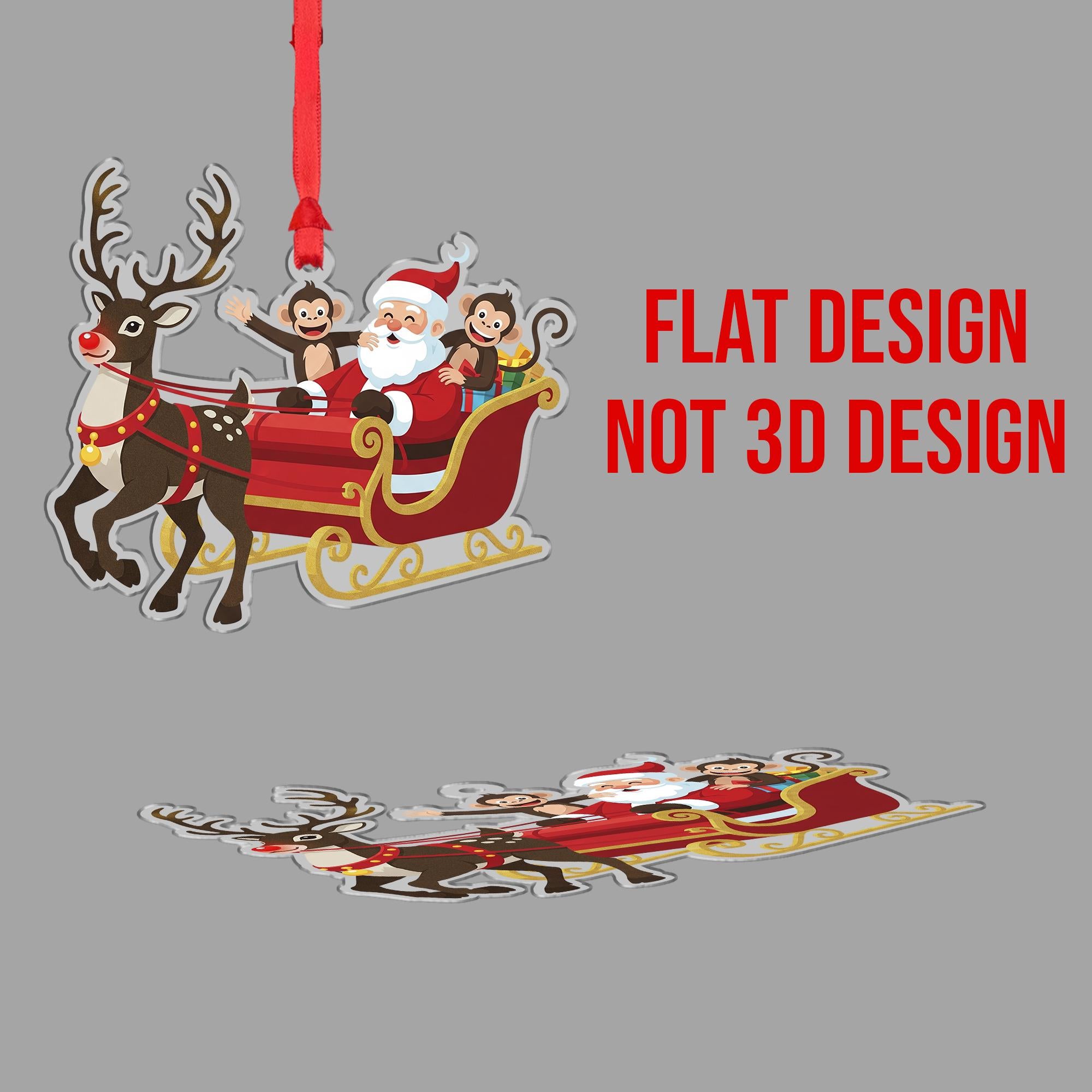 Santa Sleigh Ornament with Reindeer and Monkeys: Christmas Tree Decoration