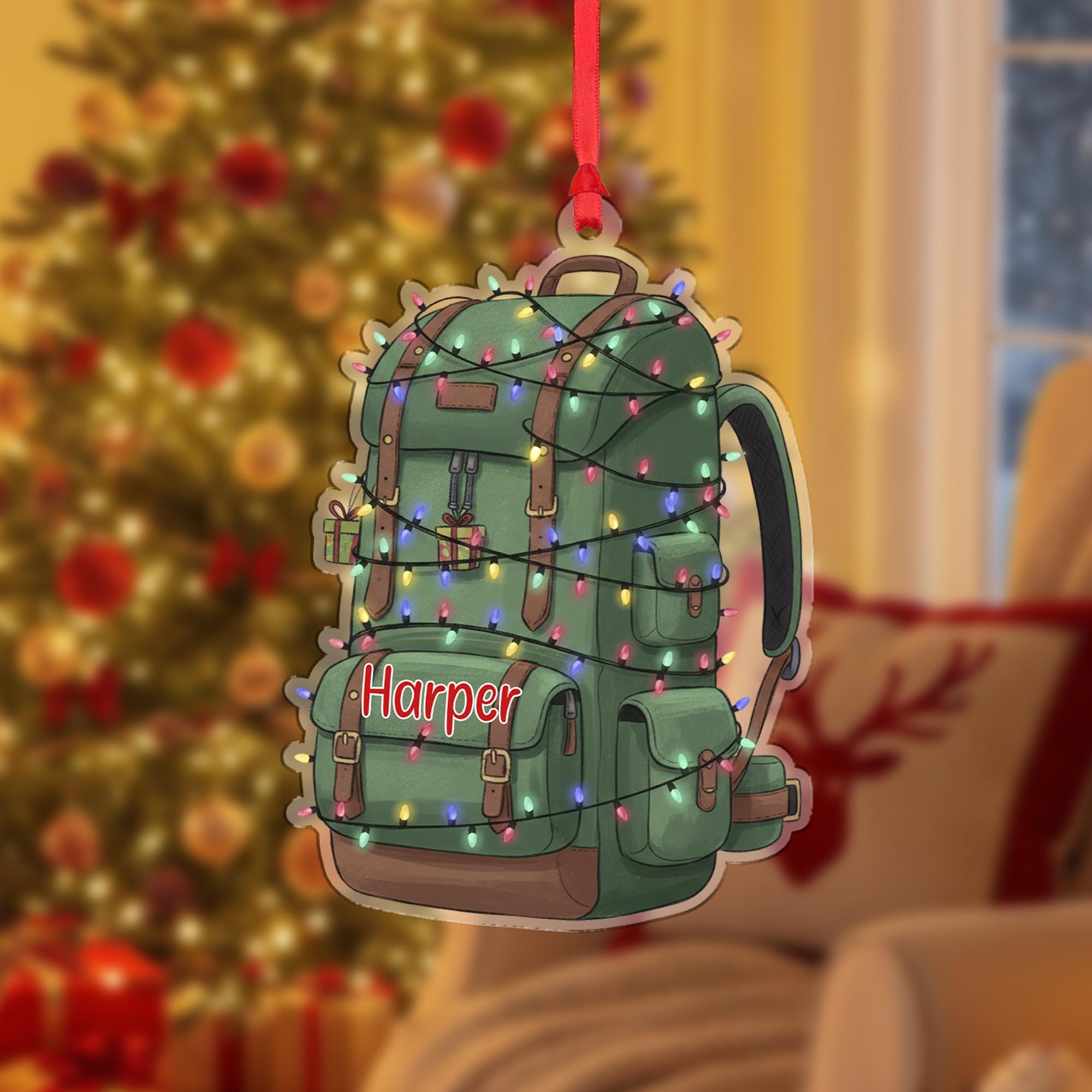 Personalized Hiking Backpack Ornament, Custom Name Hiker Gift, Camper Travel Christmas Keepsake