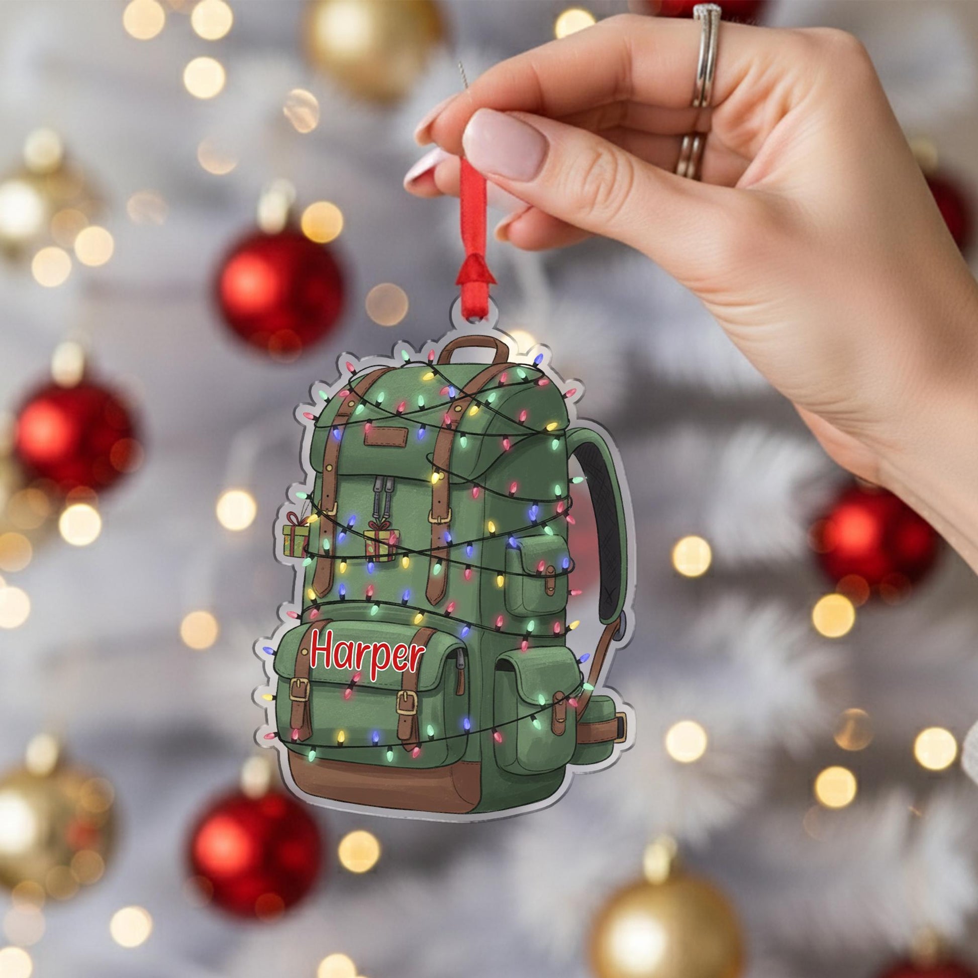Personalized Hiking Backpack Ornament, Custom Name Hiker Gift, Camper Travel Christmas Keepsake