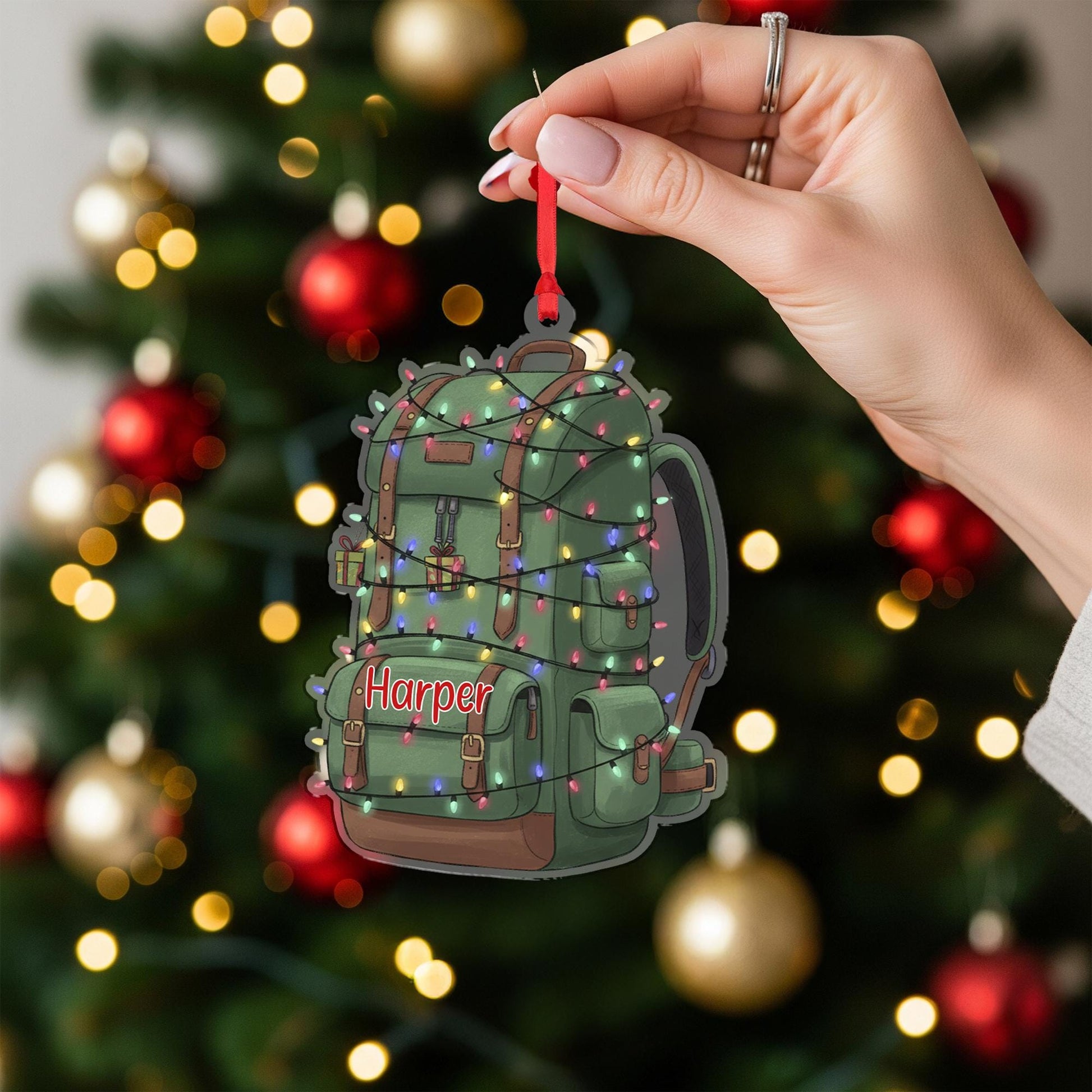 Personalized Hiking Backpack Ornament, Custom Name Hiker Gift, Camper Travel Christmas Keepsake
