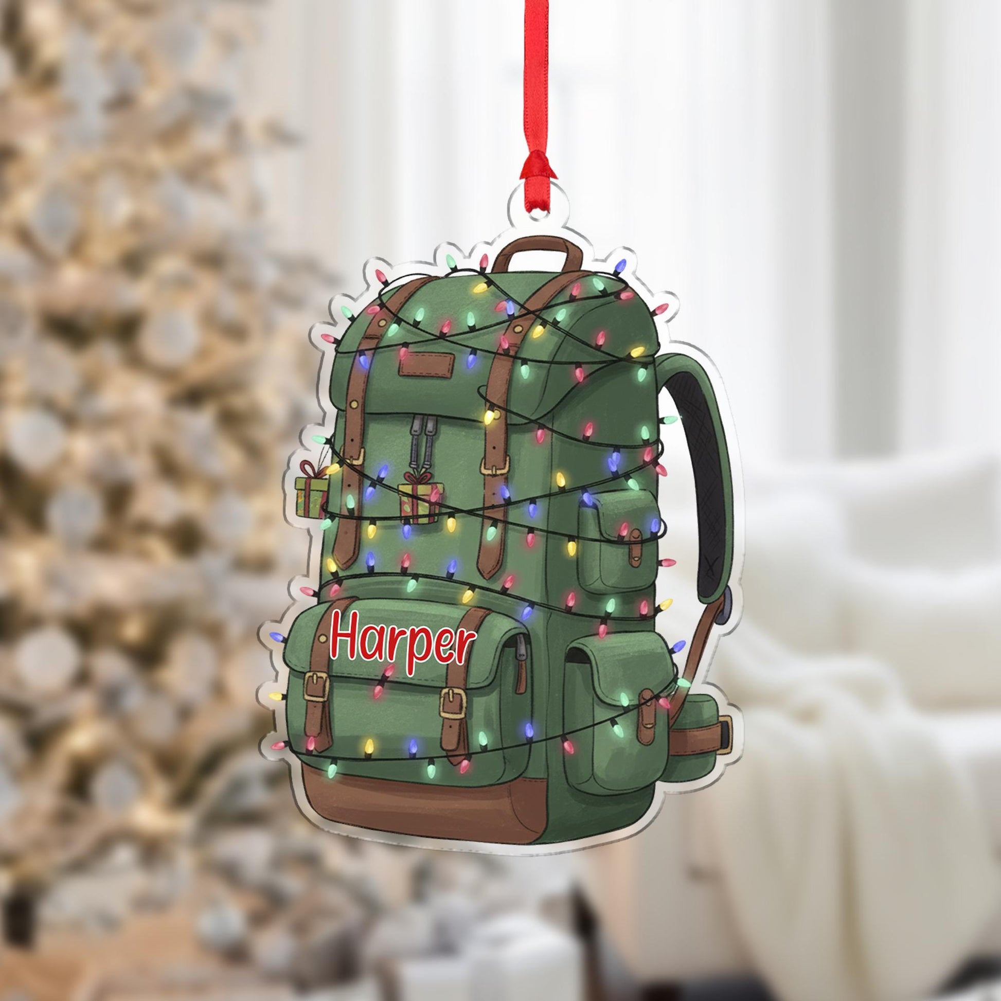 Personalized Hiking Backpack Ornament, Custom Name Hiker Gift, Camper Travel Christmas Keepsake