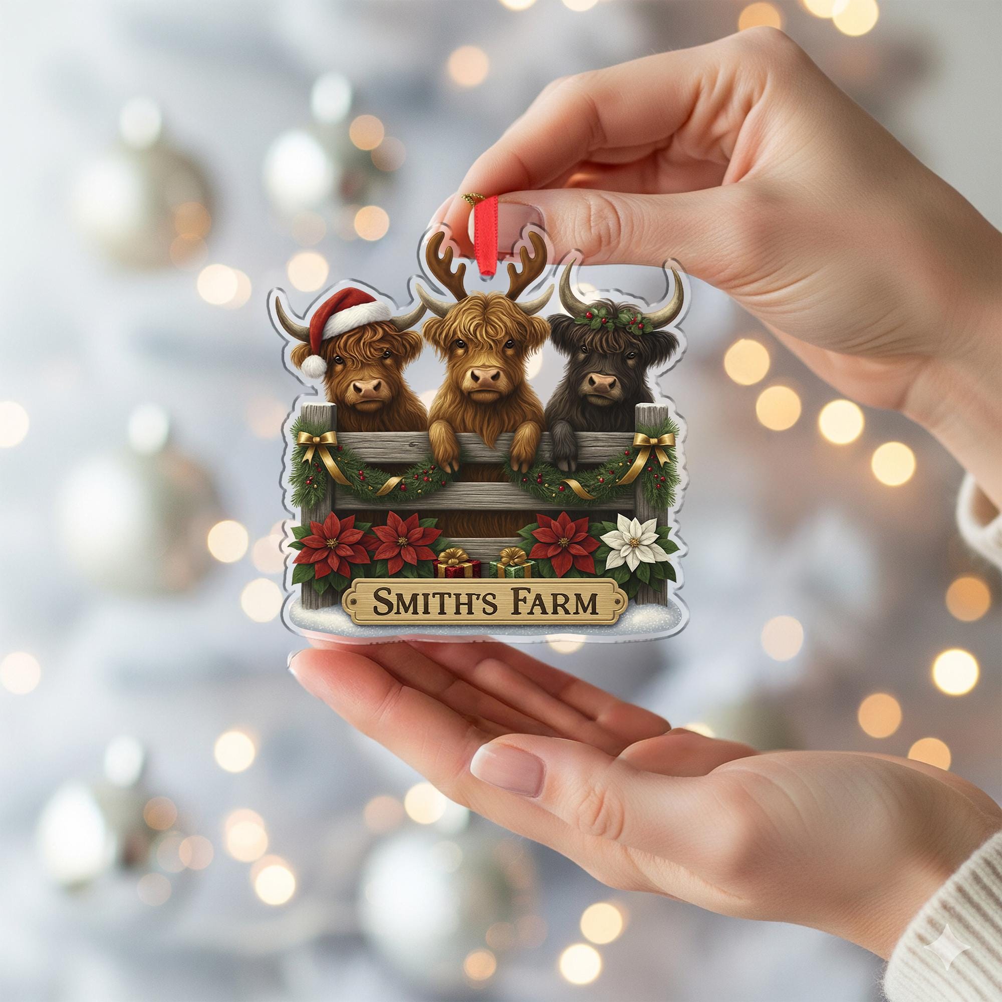Personalized Highland Cow Family Christmas Ornament, Custom Farmhouse Holiday Decor, Scottish Coo Gift for Cattle Lovers
