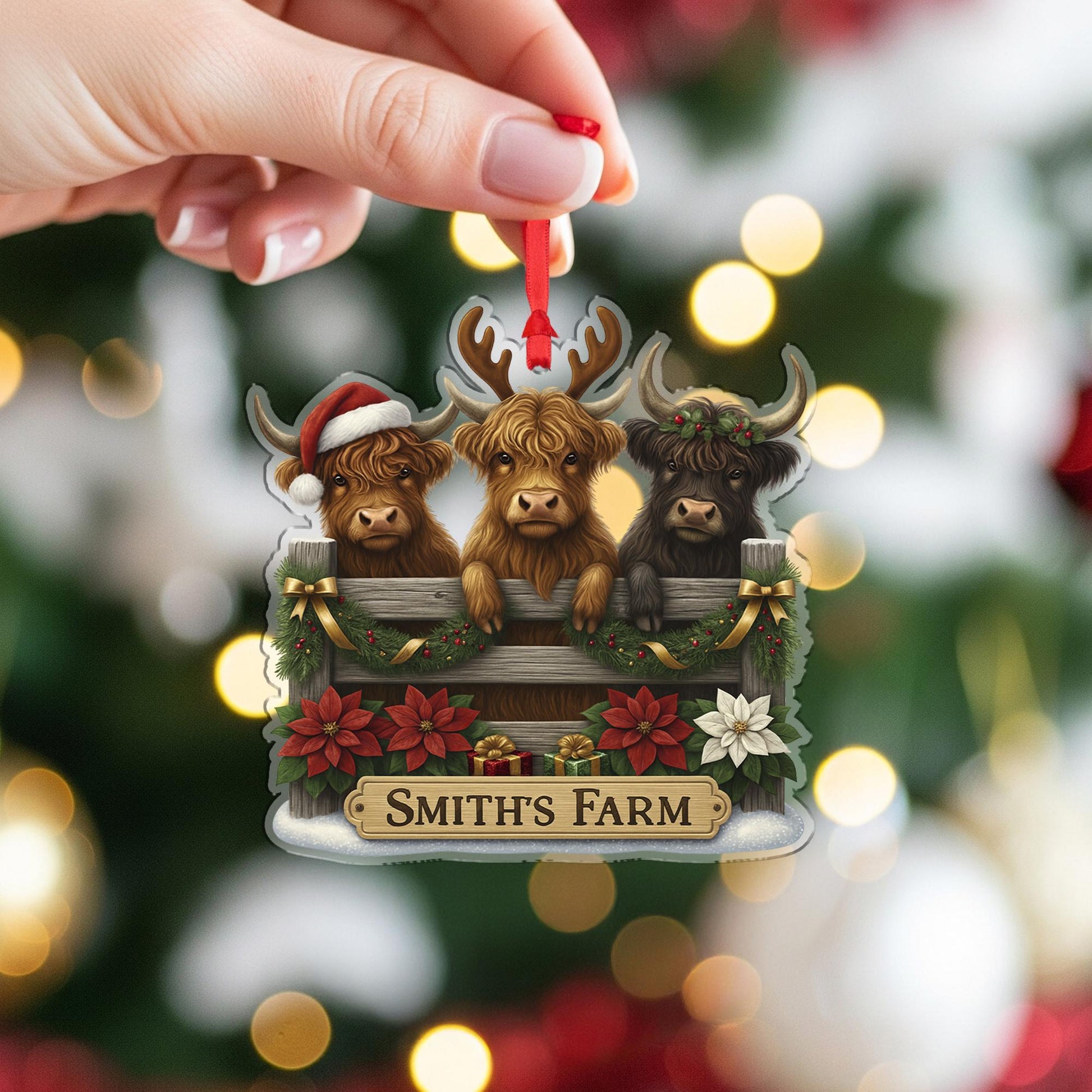 Personalized Highland Cow Family Christmas Ornament, Custom Farmhouse Holiday Decor, Scottish Coo Gift for Cattle Lovers