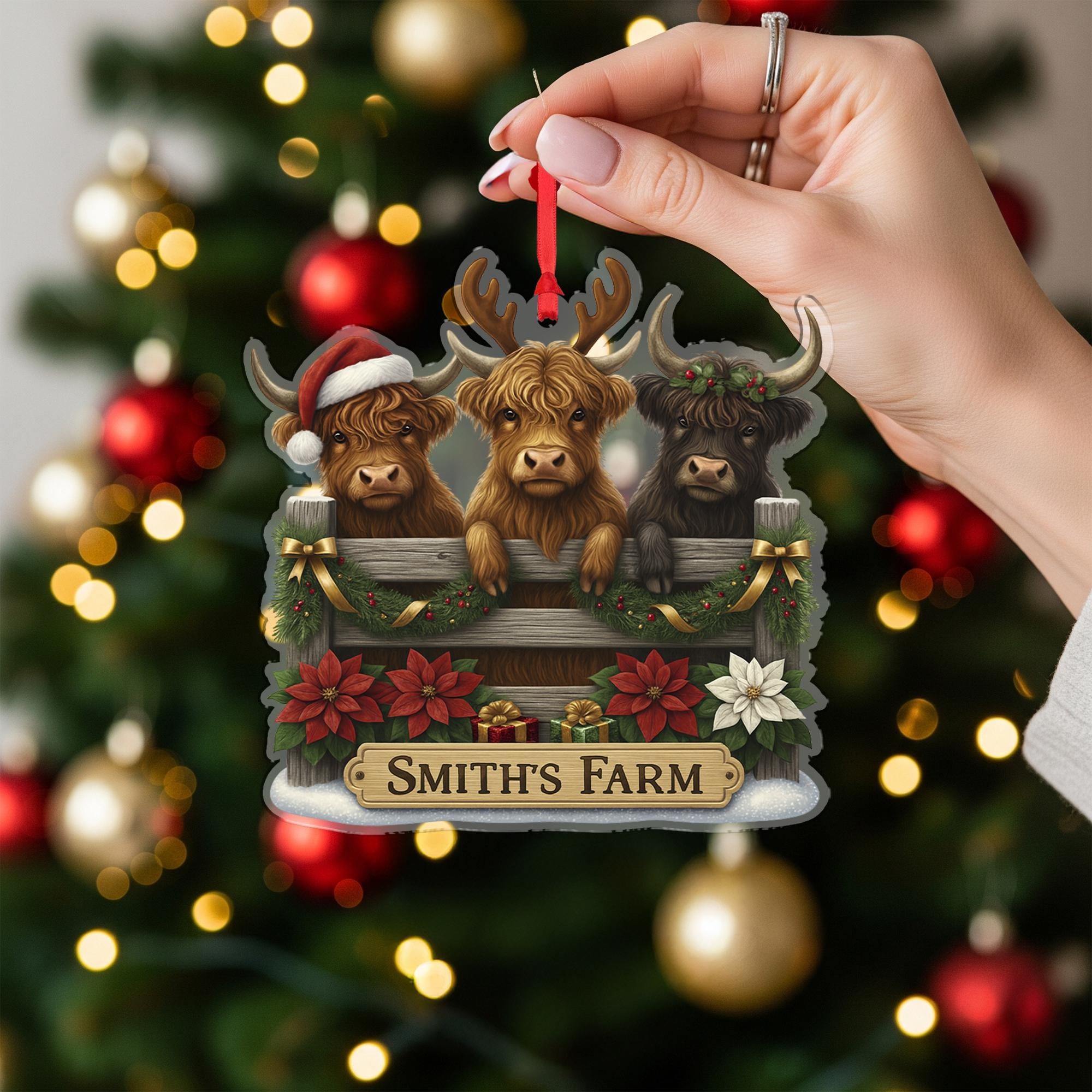 Personalized Highland Cow Family Christmas Ornament, Custom Farmhouse Holiday Decor, Scottish Coo Gift for Cattle Lovers