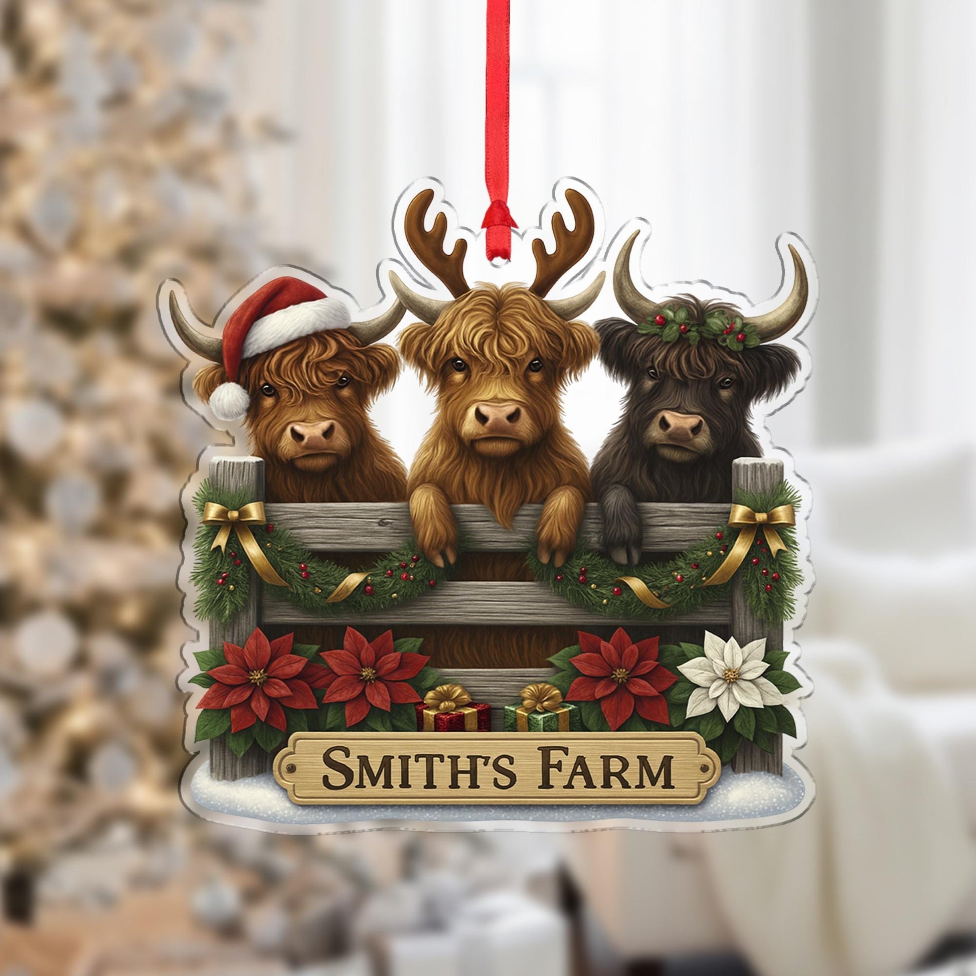 Personalized Highland Cow Family Christmas Ornament, Custom Farmhouse Holiday Decor, Scottish Coo Gift for Cattle Lovers