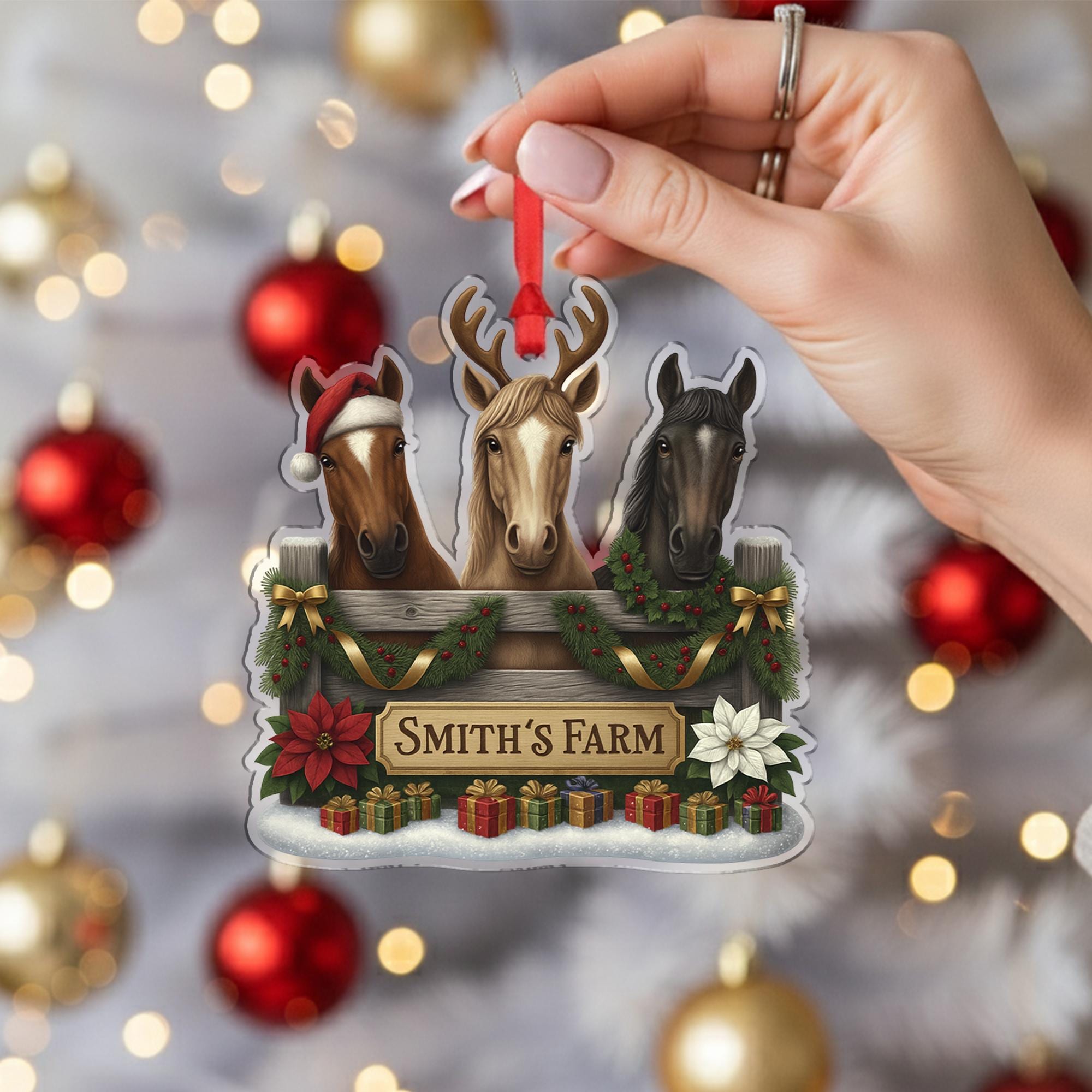 Personalized Horse Farm Ornament, Custom Family Name Christmas Decor, Funny Horses Equestrian Gift, Rustic Tree Keepsake