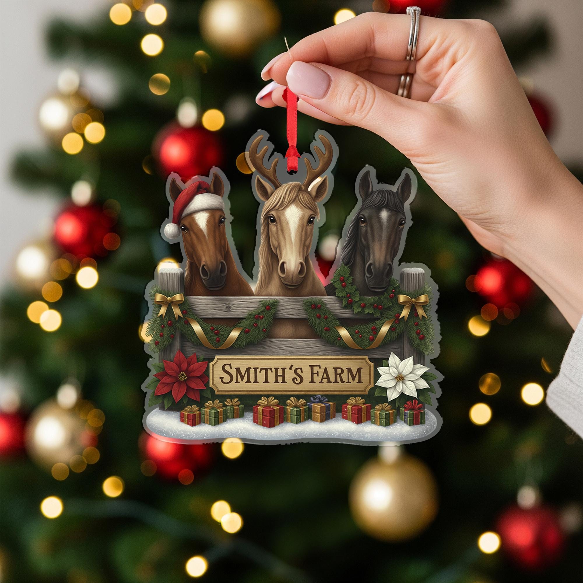 Personalized Horse Farm Ornament, Custom Family Name Christmas Decor, Funny Horses Equestrian Gift, Rustic Tree Keepsake