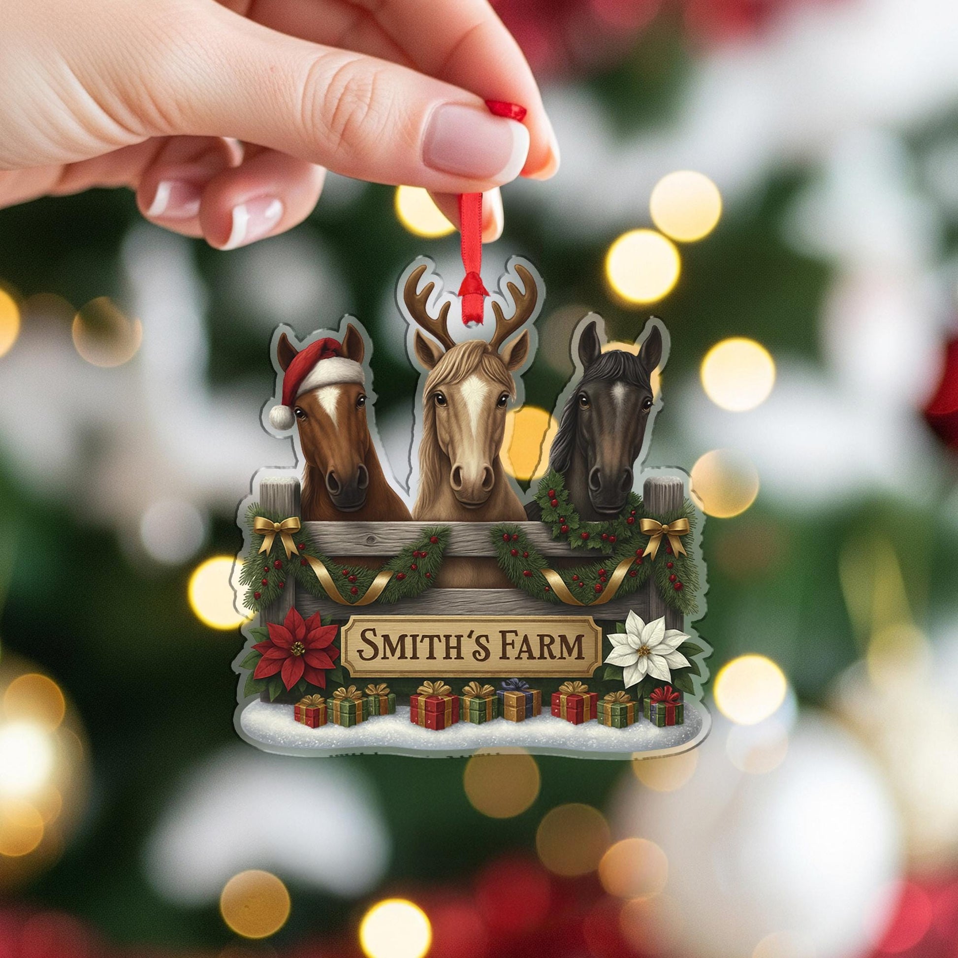 Personalized Horse Farm Ornament, Custom Family Name Christmas Decor, Funny Horses Equestrian Gift, Rustic Tree Keepsake