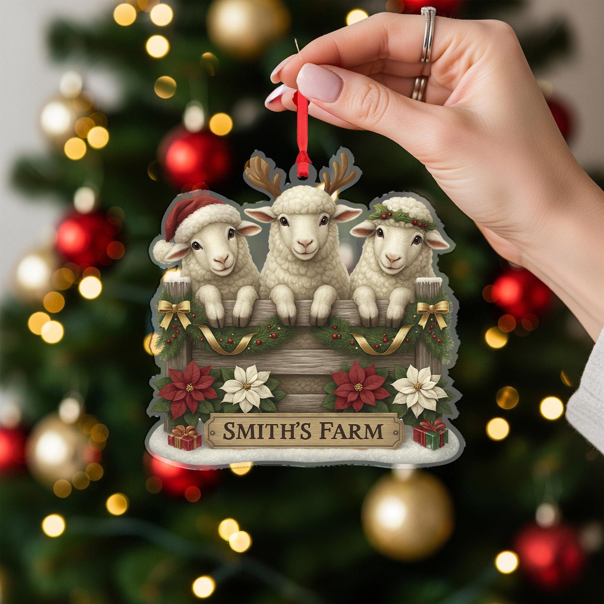 Personalized Sheep Family Christmas Ornament, Custom Farm Name Sign, Rustic Farmhouse Holiday Decor, Cute Lamb Gift Farmer, Xmas Keepsake