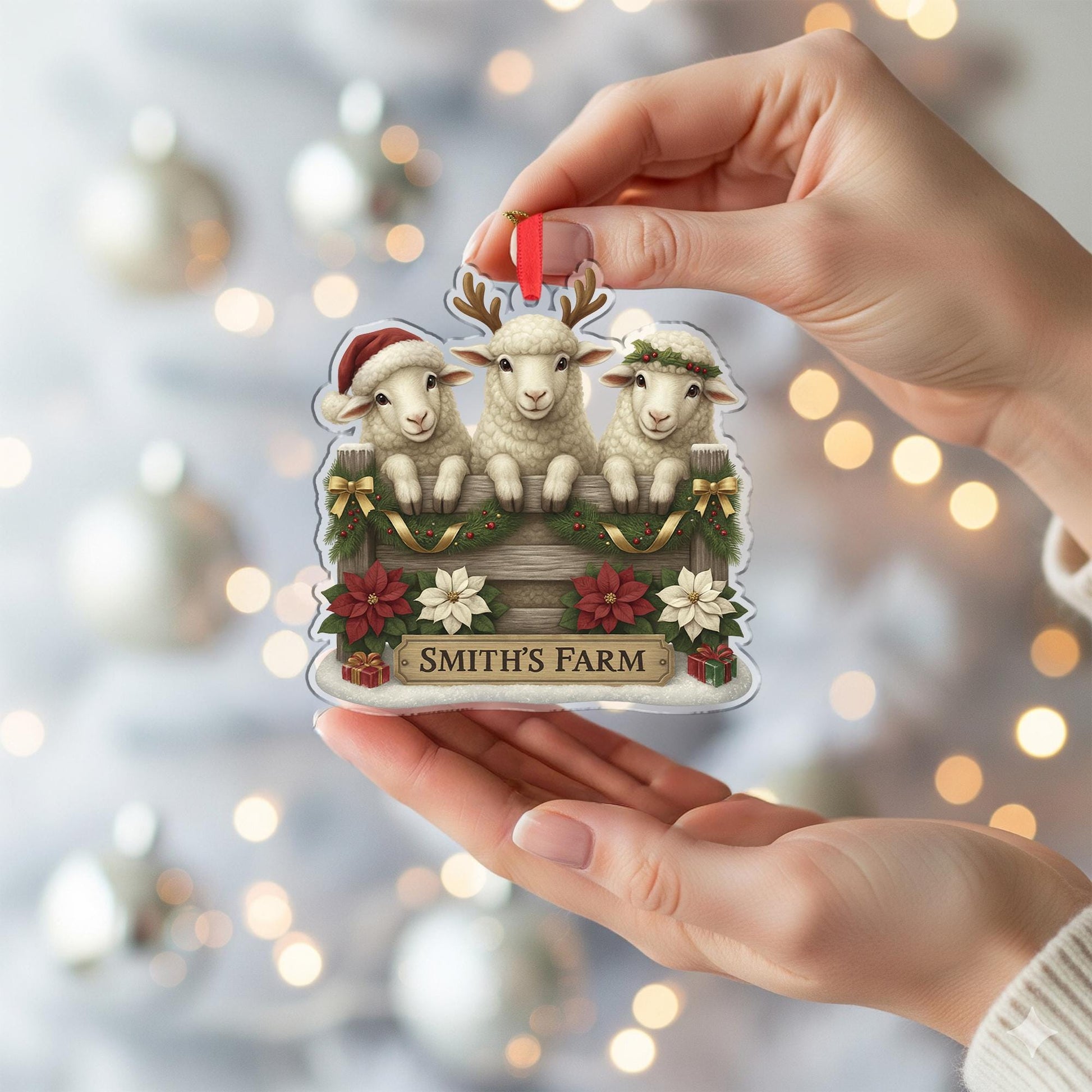 Personalized Sheep Family Christmas Ornament, Custom Farm Name Sign, Rustic Farmhouse Holiday Decor, Cute Lamb Gift Farmer, Xmas Keepsake