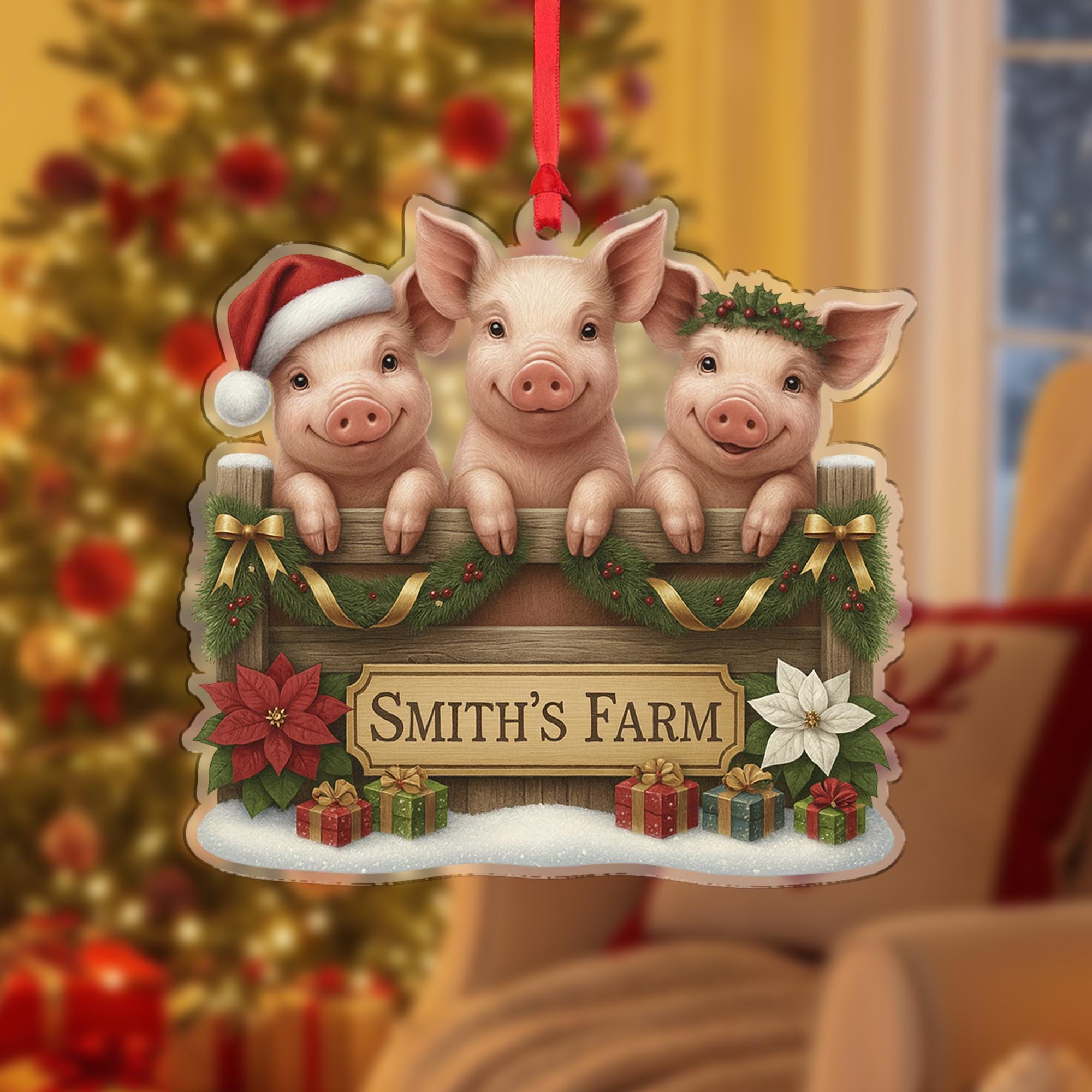 Personalized Pig Family Christmas Ornament, Smith's Farm Holiday Decor, Custom Piggy Farmhouse Gift for Farmers, Rustic Xmas Tree Bauble