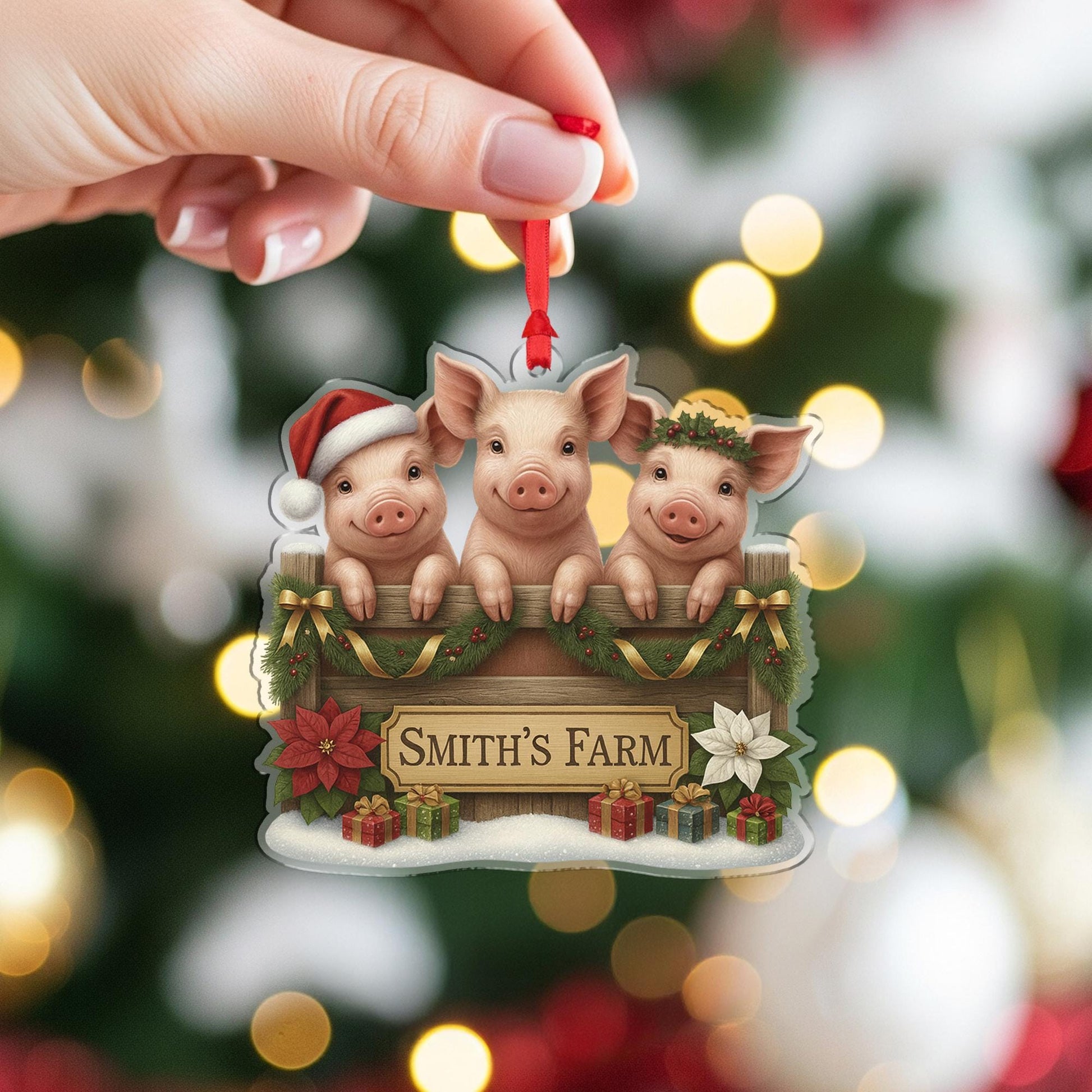 Personalized Pig Family Christmas Ornament, Smith's Farm Holiday Decor, Custom Piggy Farmhouse Gift for Farmers, Rustic Xmas Tree Bauble