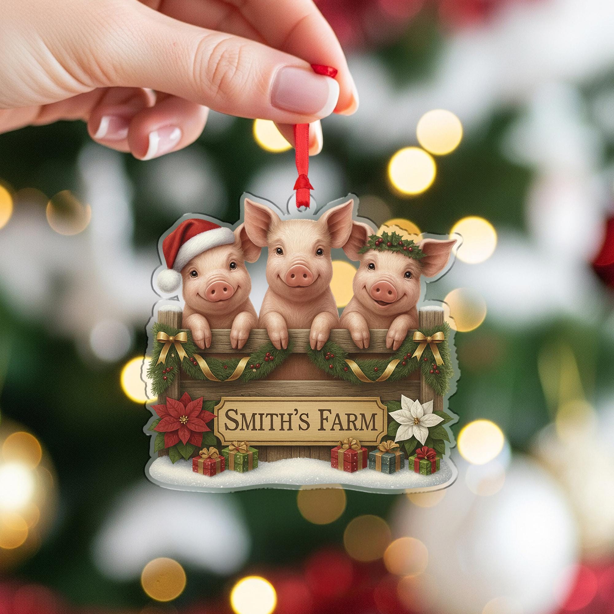 Personalized Pig Family Christmas Ornament, Smith's Farm Holiday Decor, Custom Piggy Farmhouse Gift for Farmers, Rustic Xmas Tree Bauble