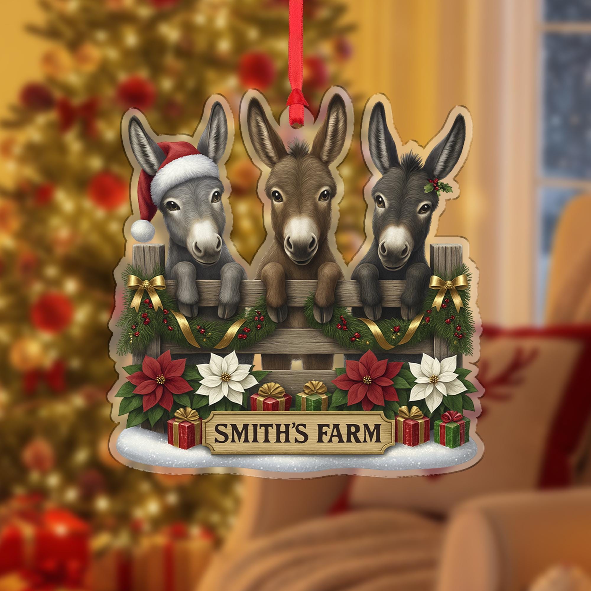 Personalized Donkey Family Ornament, Custom Farm Name, Three Cute Donkeys Christmas Decor, Farmhouse Animal Lover Gift