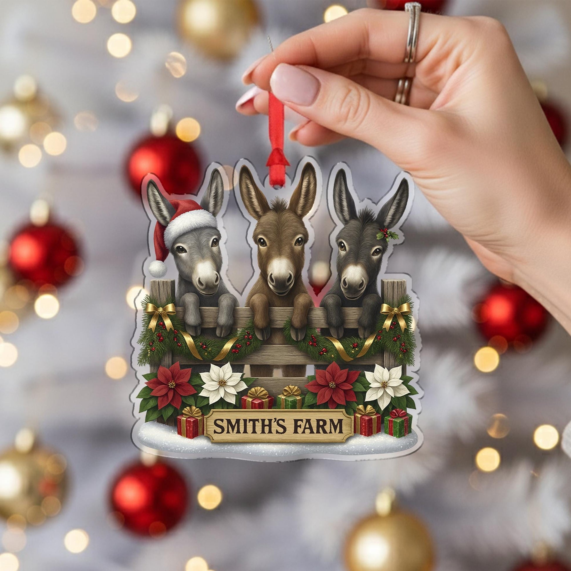 Personalized Donkey Family Ornament, Custom Farm Name, Three Cute Donkeys Christmas Decor, Farmhouse Animal Lover Gift
