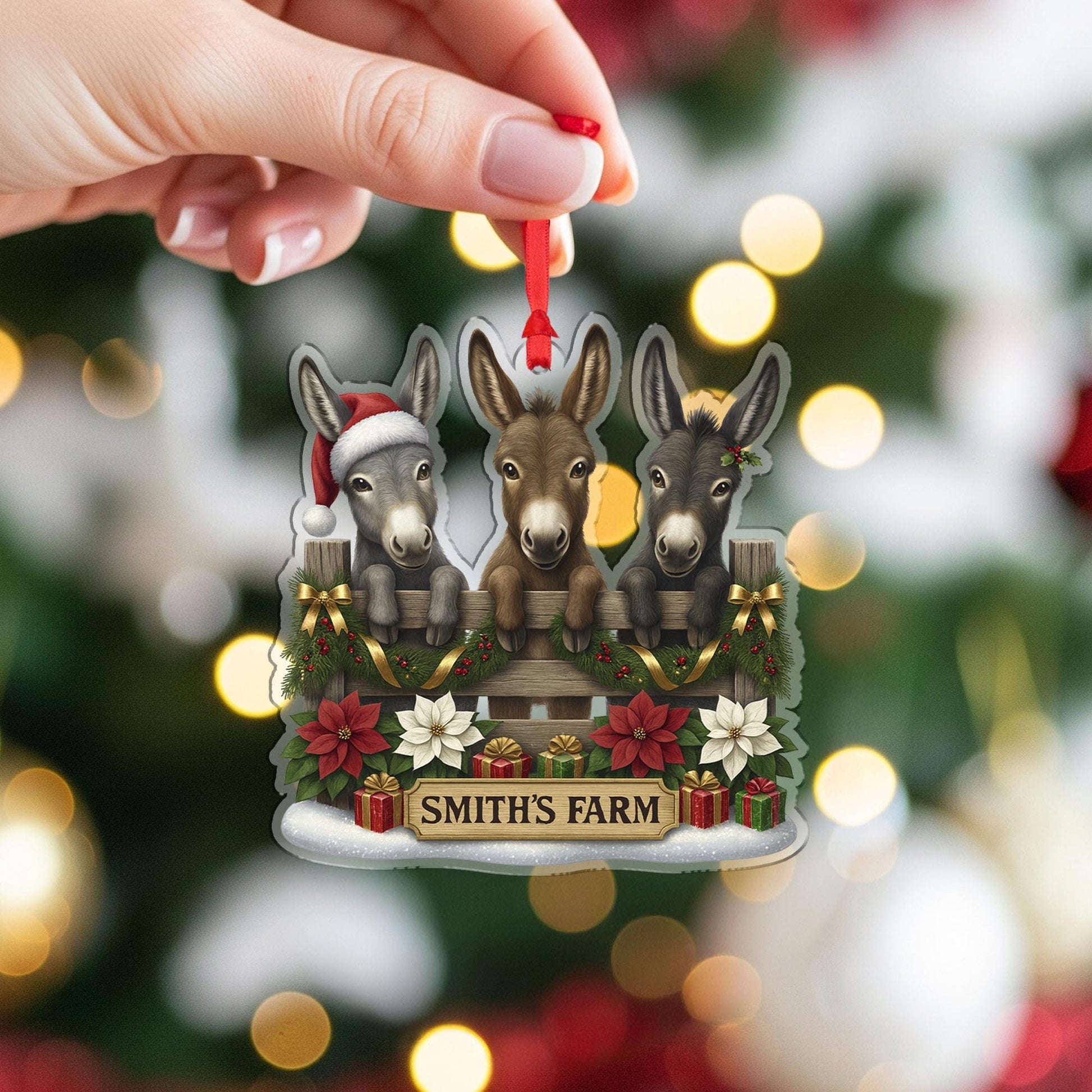 Personalized Donkey Family Ornament, Custom Farm Name, Three Cute Donkeys Christmas Decor, Farmhouse Animal Lover Gift