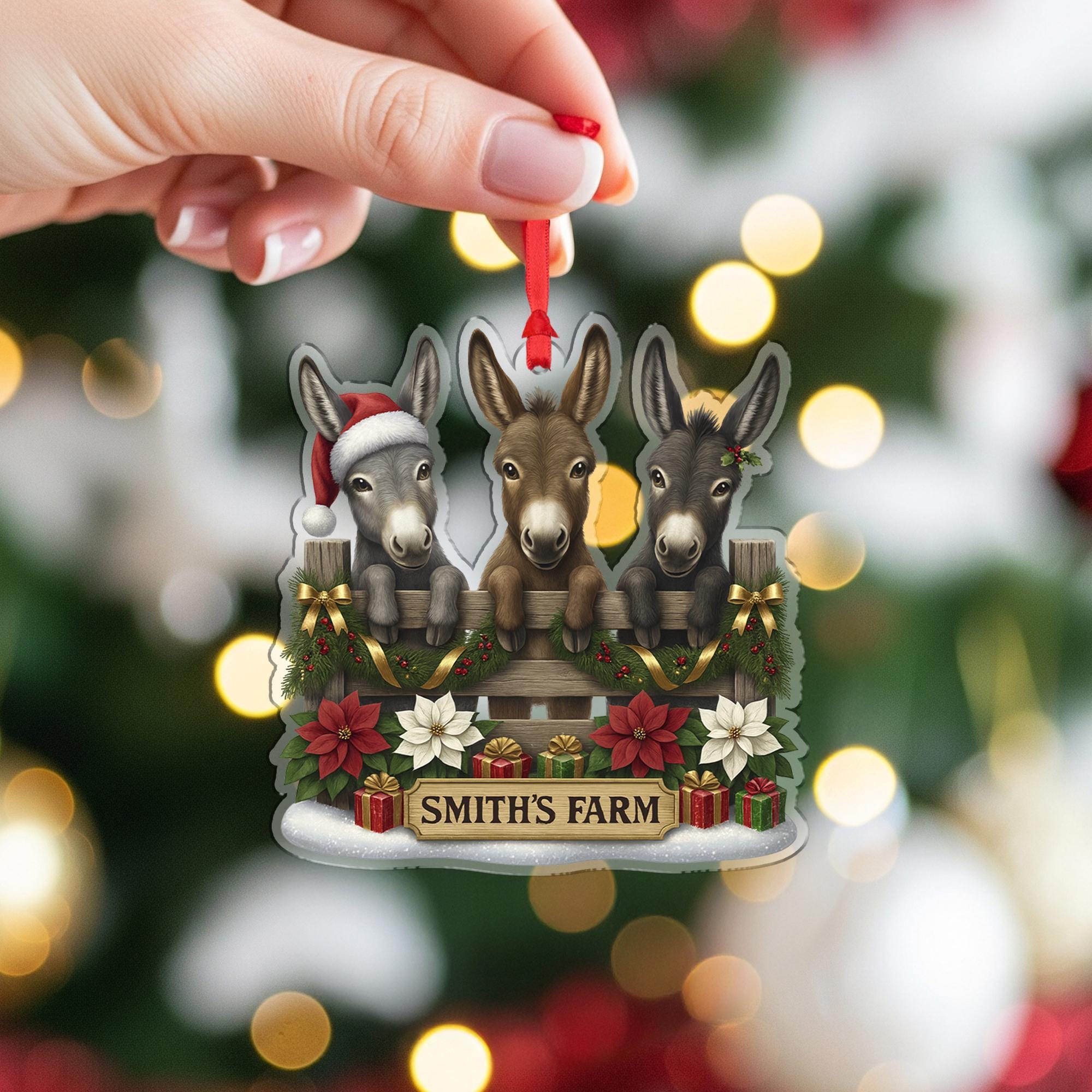 Personalized Donkey Family Ornament, Custom Farm Name, Three Cute Donkeys Christmas Decor, Farmhouse Animal Lover Gift