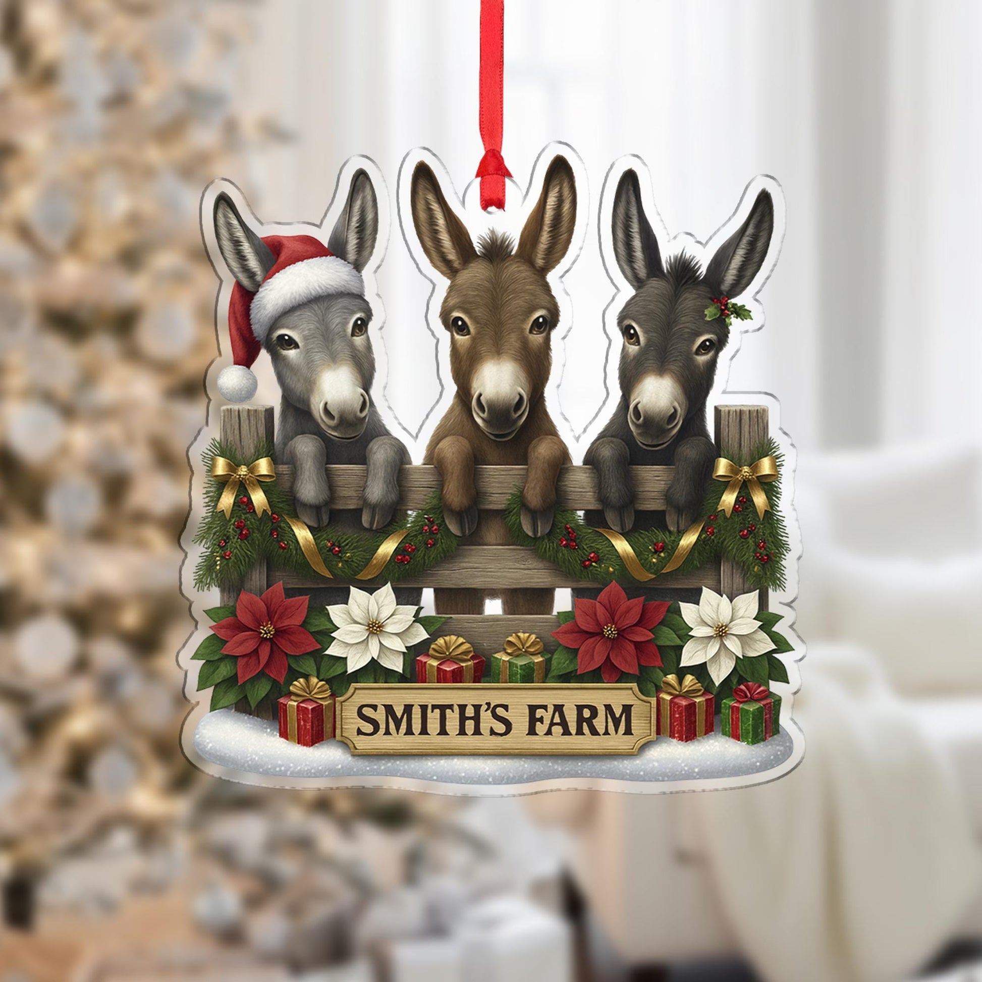 Personalized Donkey Family Ornament, Custom Farm Name, Three Cute Donkeys Christmas Decor, Farmhouse Animal Lover Gift