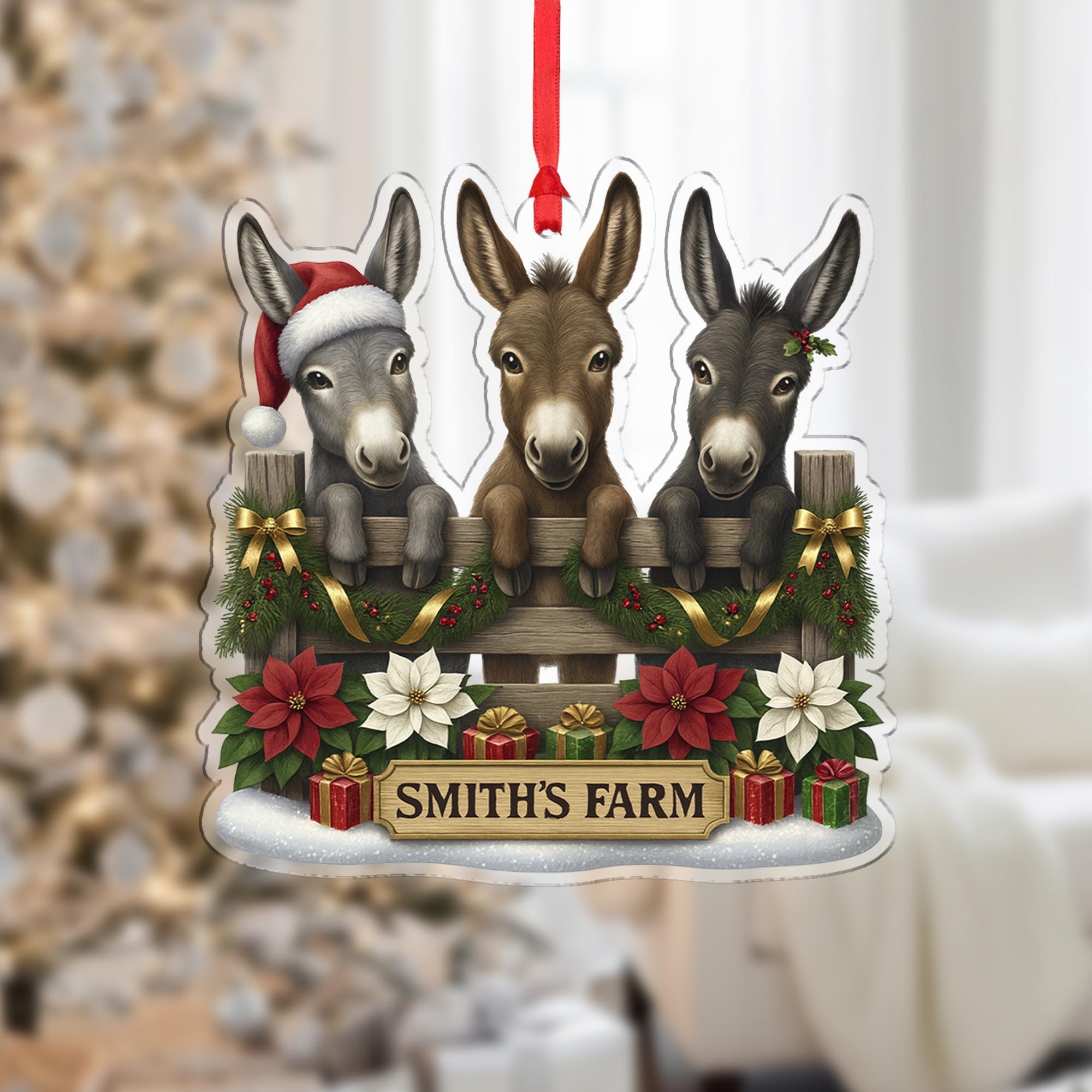 Personalized Donkey Family Ornament, Custom Farm Name, Three Cute Donkeys Christmas Decor, Farmhouse Animal Lover Gift