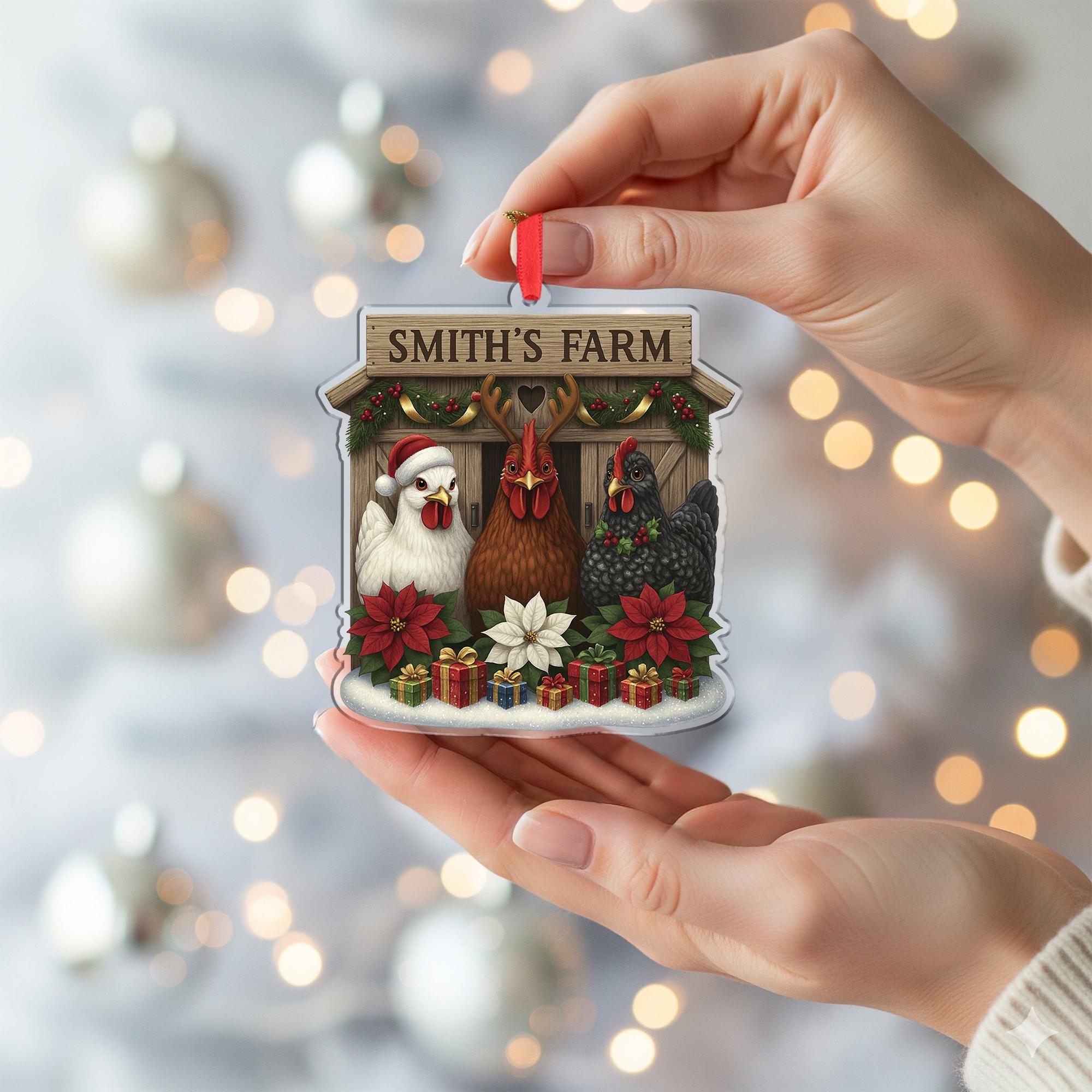 Personalized Chicken Ornament, Custom Farmhouse Christmas Decor, Rustic Xmas Gift for Chicken Lovers, Smith's Farm Holiday Decor