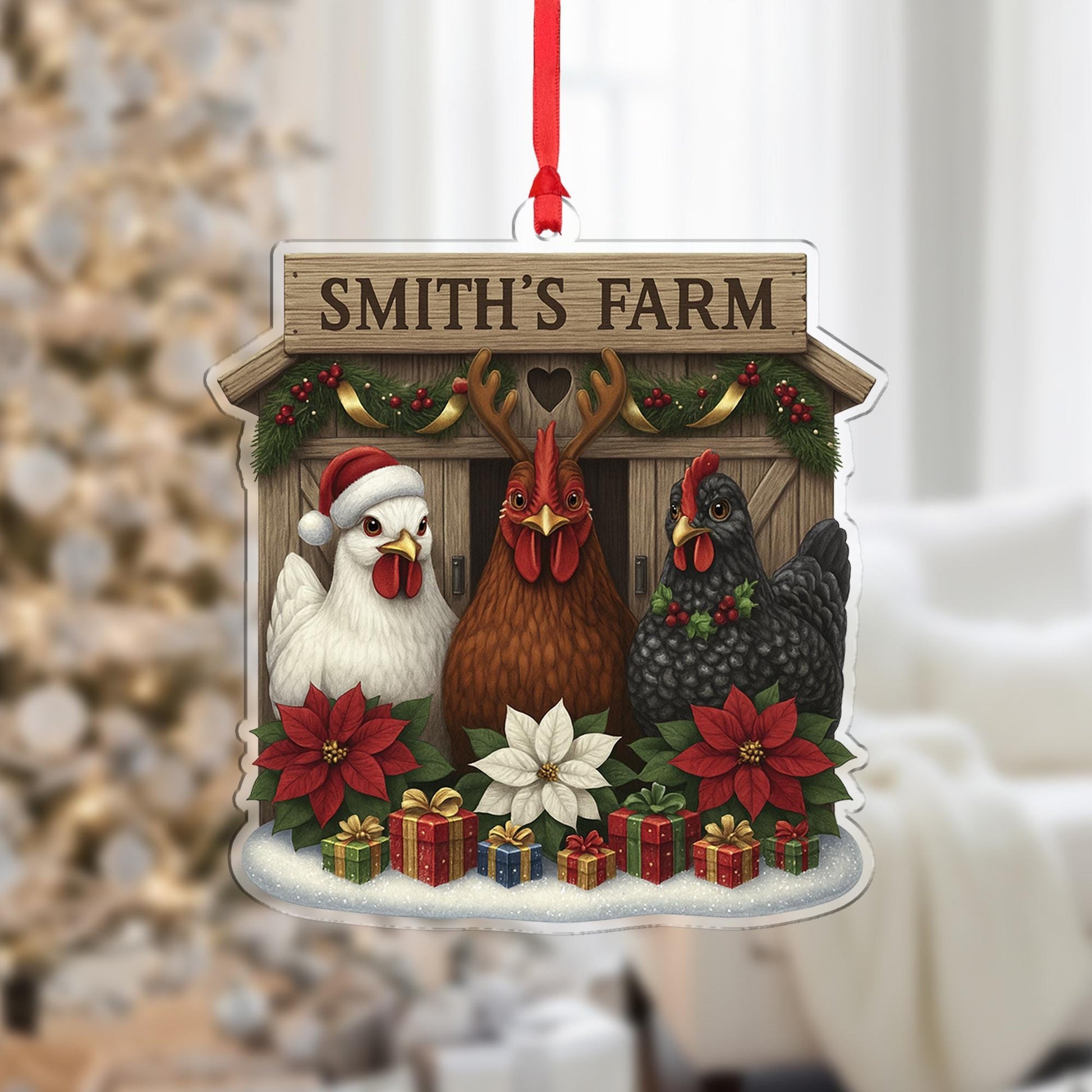 Personalized Chicken Ornament, Custom Farmhouse Christmas Decor, Rustic Xmas Gift for Chicken Lovers, Smith's Farm Holiday Decor