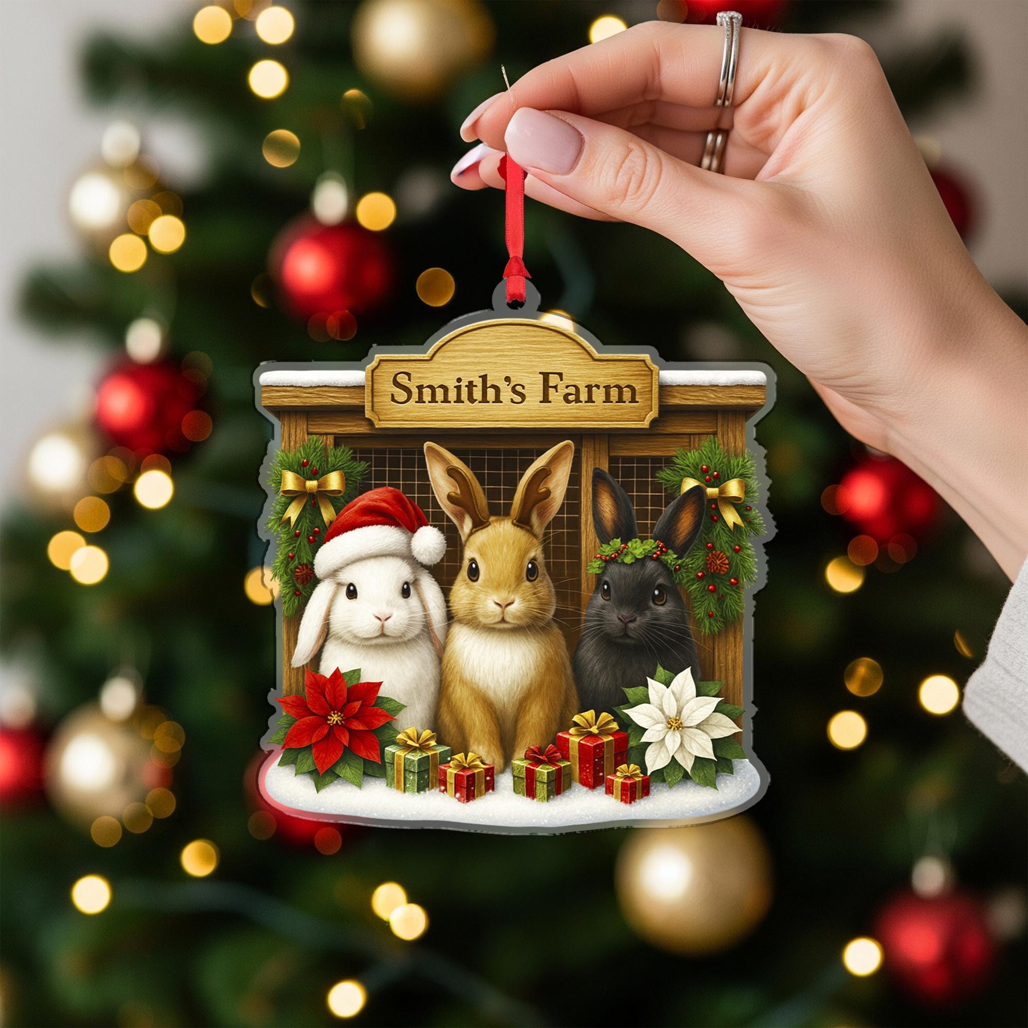 Personalized Rabbit Farm Christmas Ornament, Custom Bunny Family Name Decor, Farmhouse Rabbit Hutch Keepsake, Pet Lover Gift