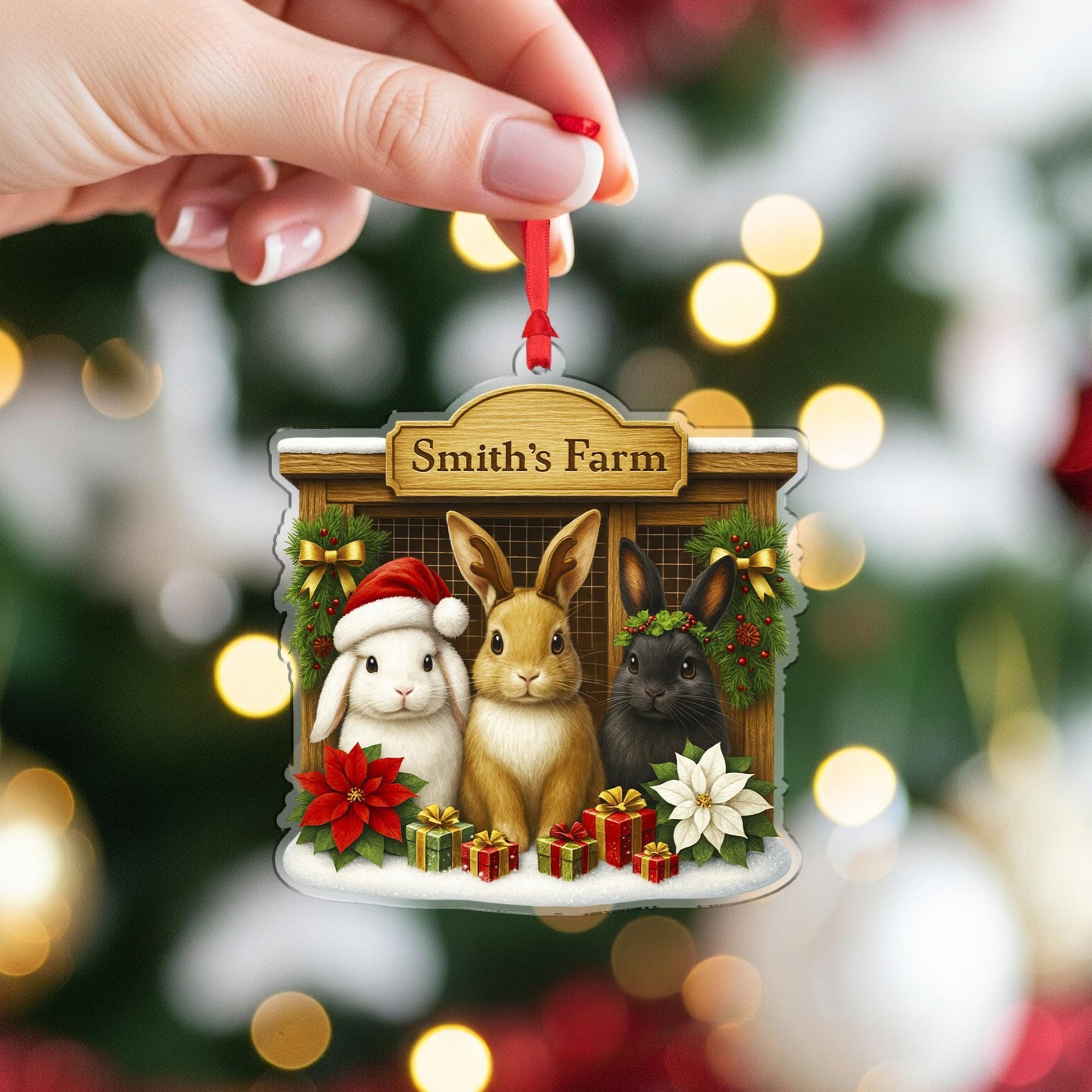 Personalized Rabbit Farm Christmas Ornament, Custom Bunny Family Name Decor, Farmhouse Rabbit Hutch Keepsake, Pet Lover Gift