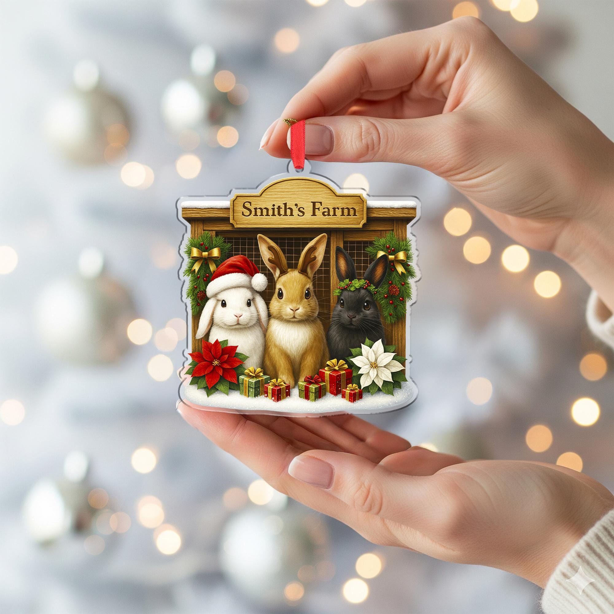 Personalized Rabbit Farm Christmas Ornament, Custom Bunny Family Name Decor, Farmhouse Rabbit Hutch Keepsake, Pet Lover Gift