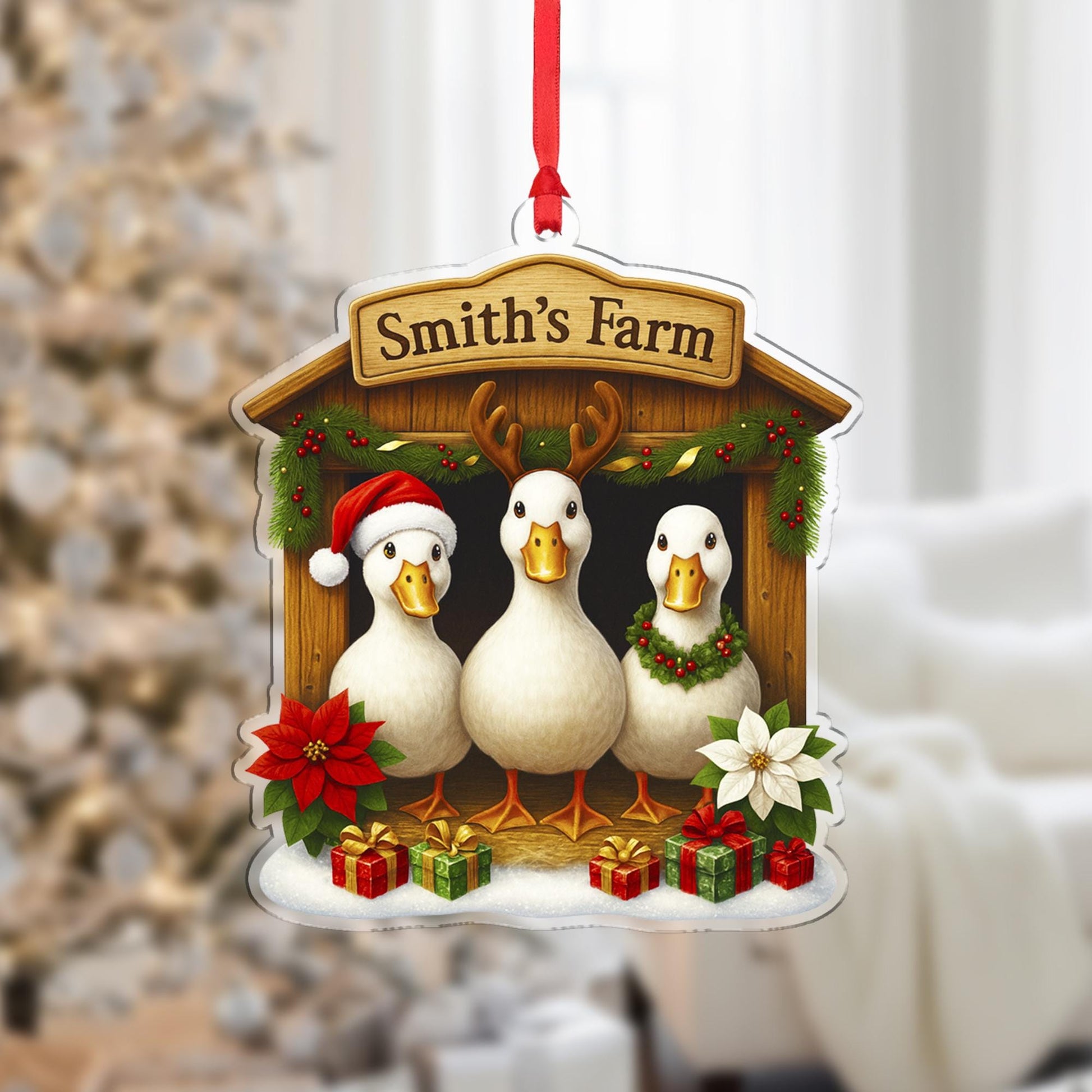 Personalized Christmas Duck Ornament, Farmhouse Decor, Custom Family Name Duck Farm, Holiday Duck Gift, Housewarming Gift
