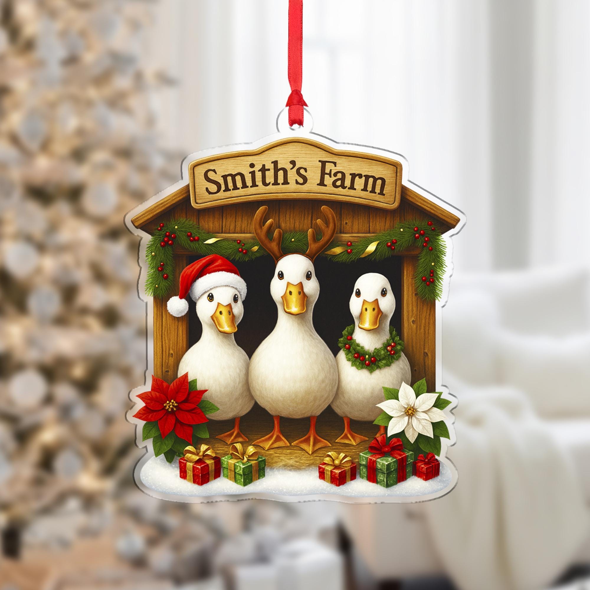 Personalized Christmas Duck Ornament, Farmhouse Decor, Custom Family Name Duck Farm, Holiday Duck Gift, Housewarming Gift