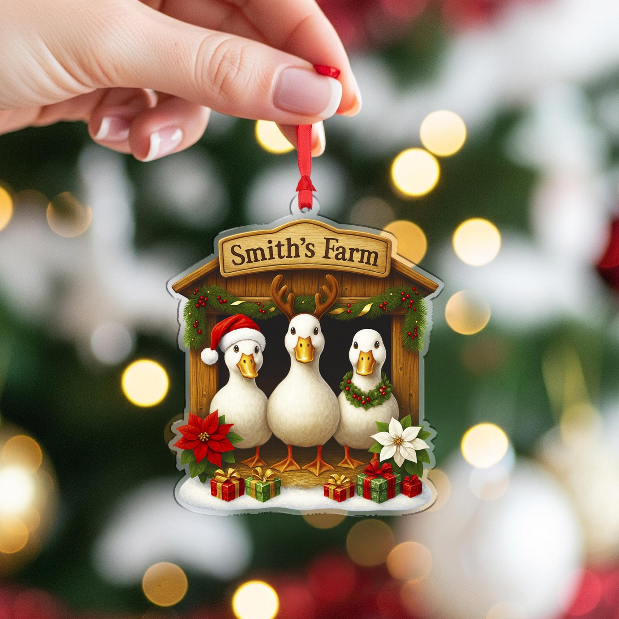 Personalized Christmas Duck Ornament, Farmhouse Decor, Custom Family Name Duck Farm, Holiday Duck Gift, Housewarming Gift