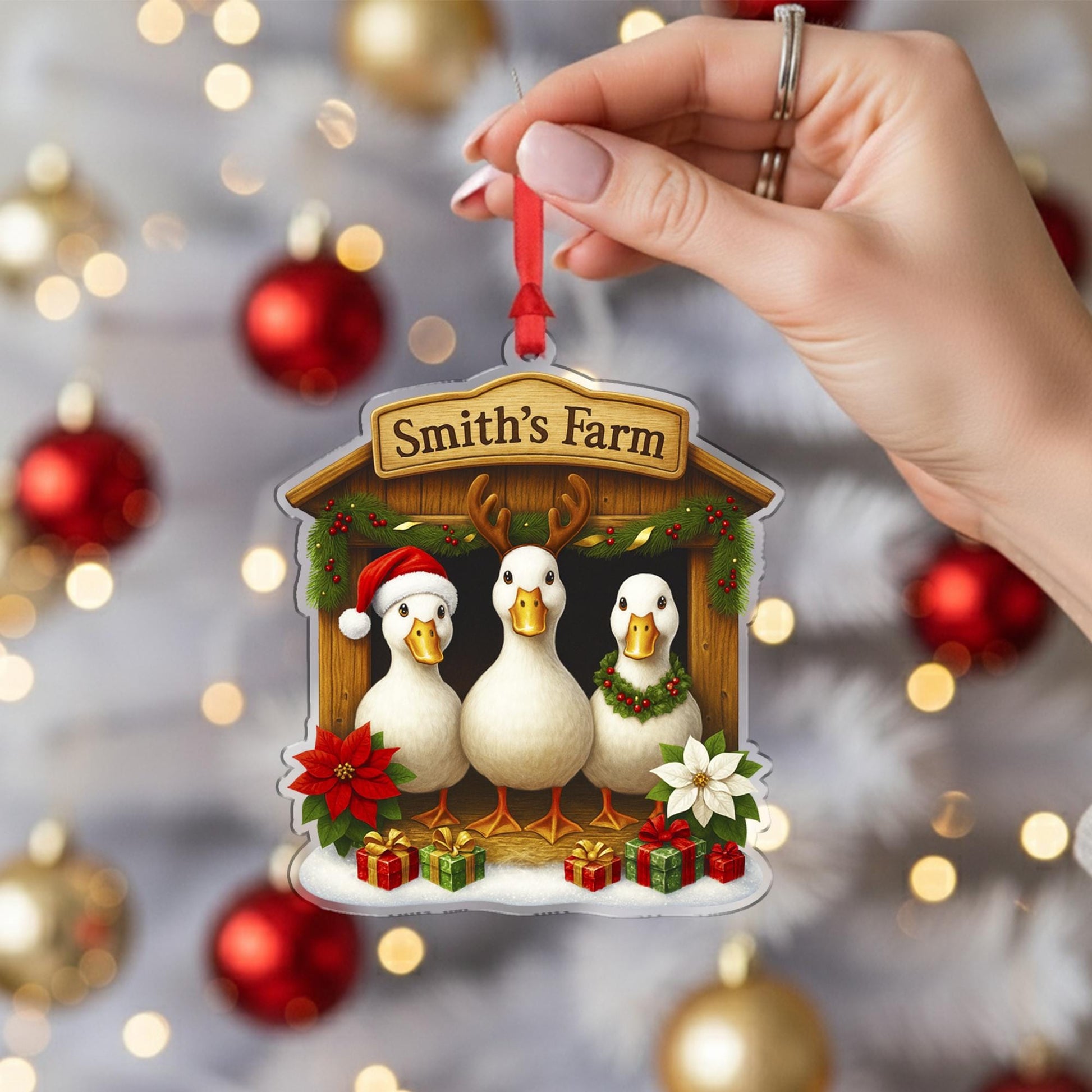 Personalized Christmas Duck Ornament, Farmhouse Decor, Custom Family Name Duck Farm, Holiday Duck Gift, Housewarming Gift