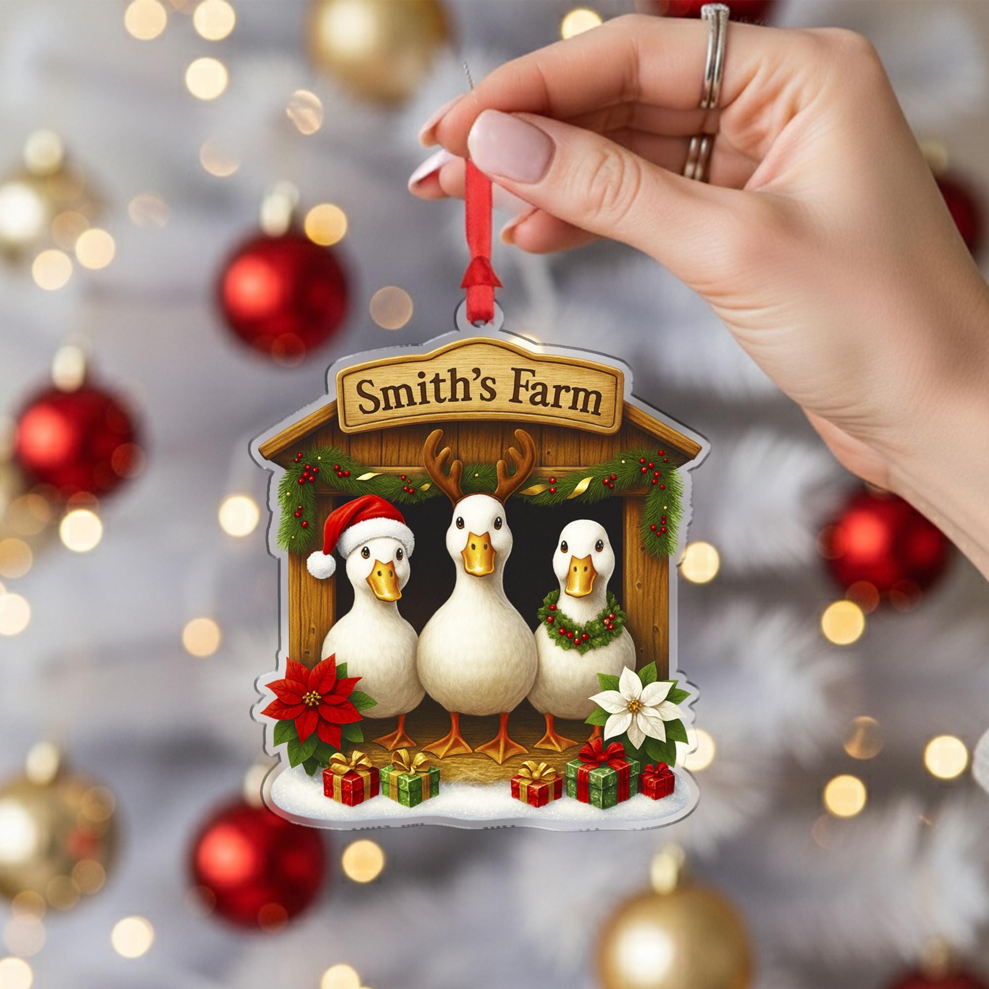 Personalized Christmas Duck Ornament, Farmhouse Decor, Custom Family Name Duck Farm, Holiday Duck Gift, Housewarming Gift