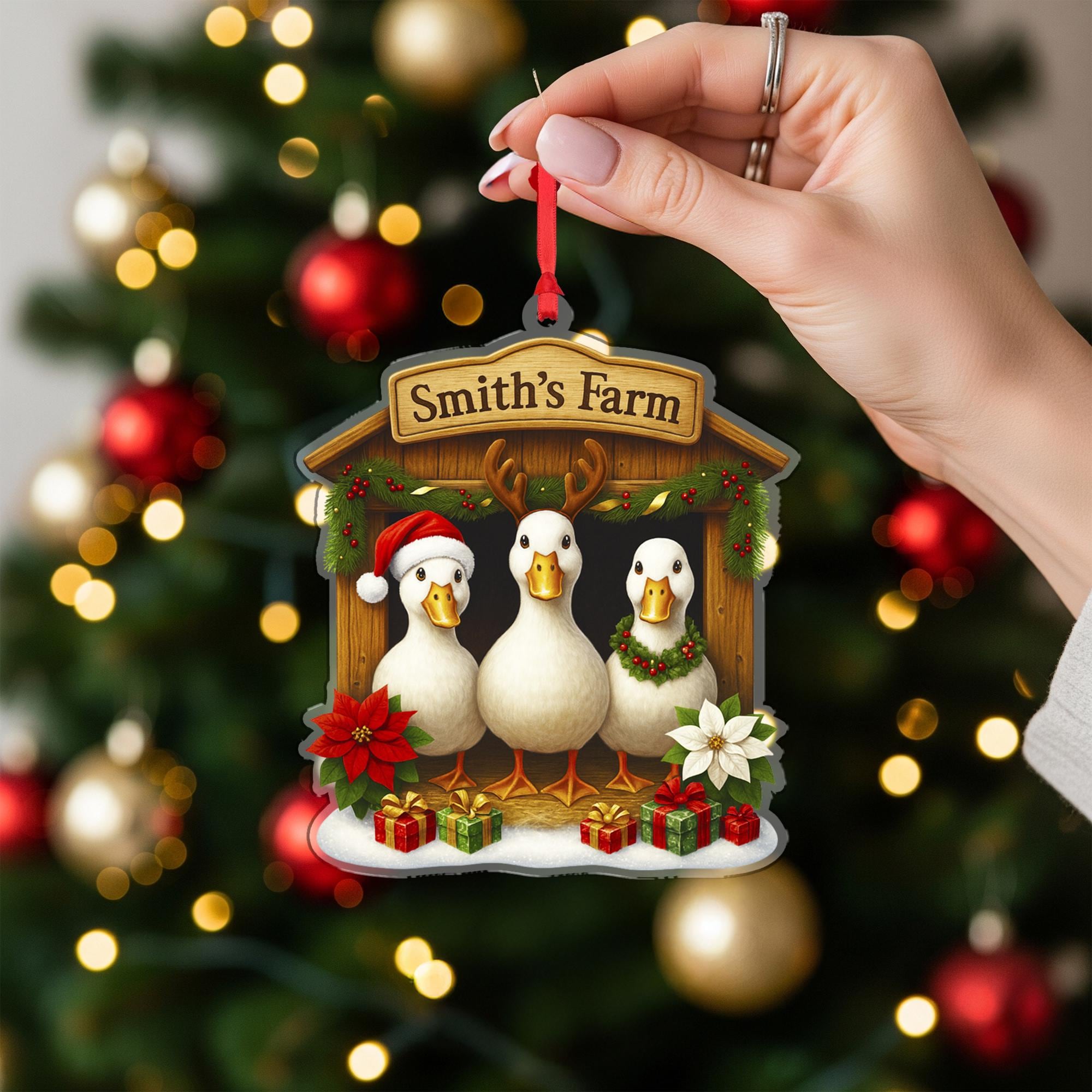 Personalized Christmas Duck Ornament, Farmhouse Decor, Custom Family Name Duck Farm, Holiday Duck Gift, Housewarming Gift