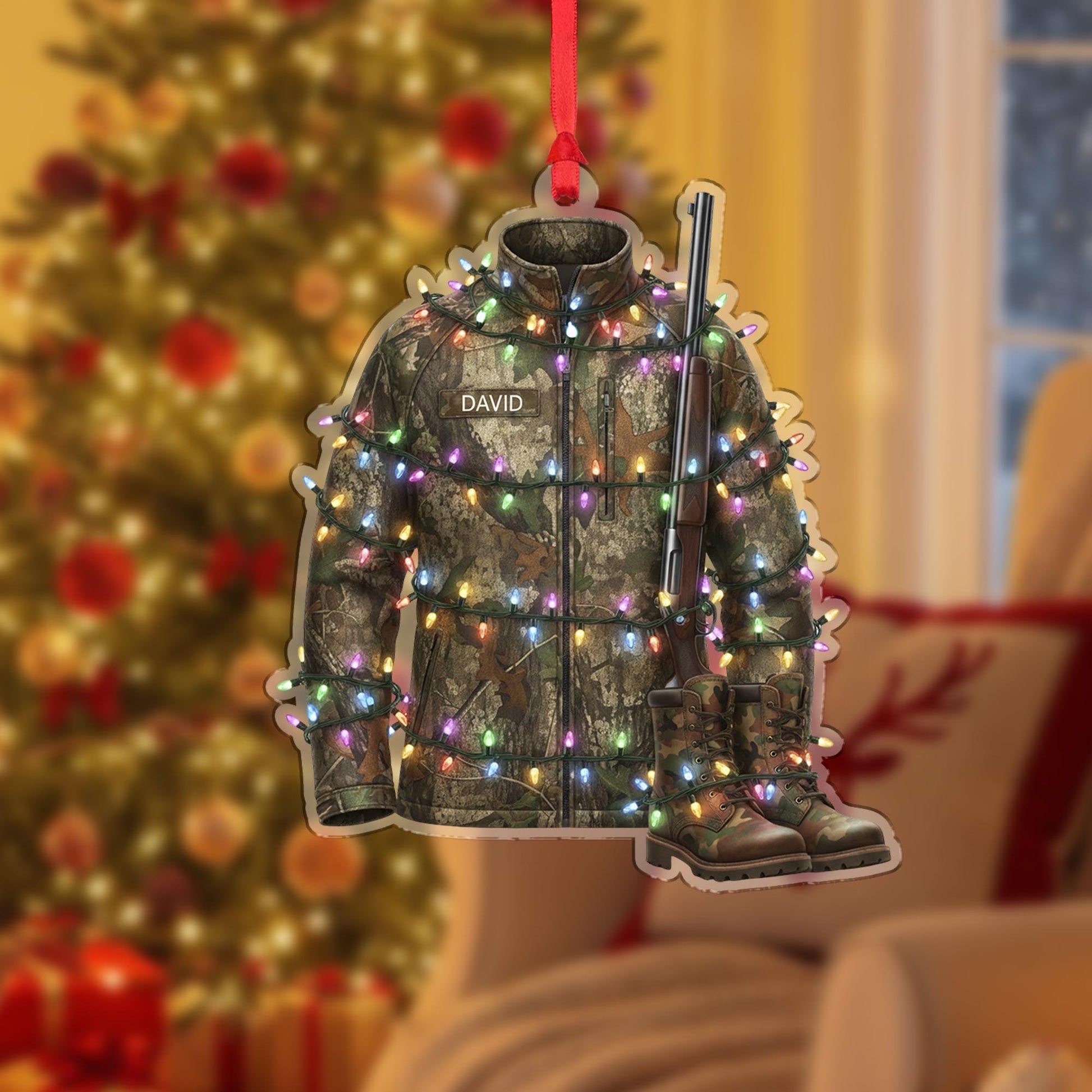 Personalized Hunting Christmas Ornament: Camo Jacket Hunter Gift