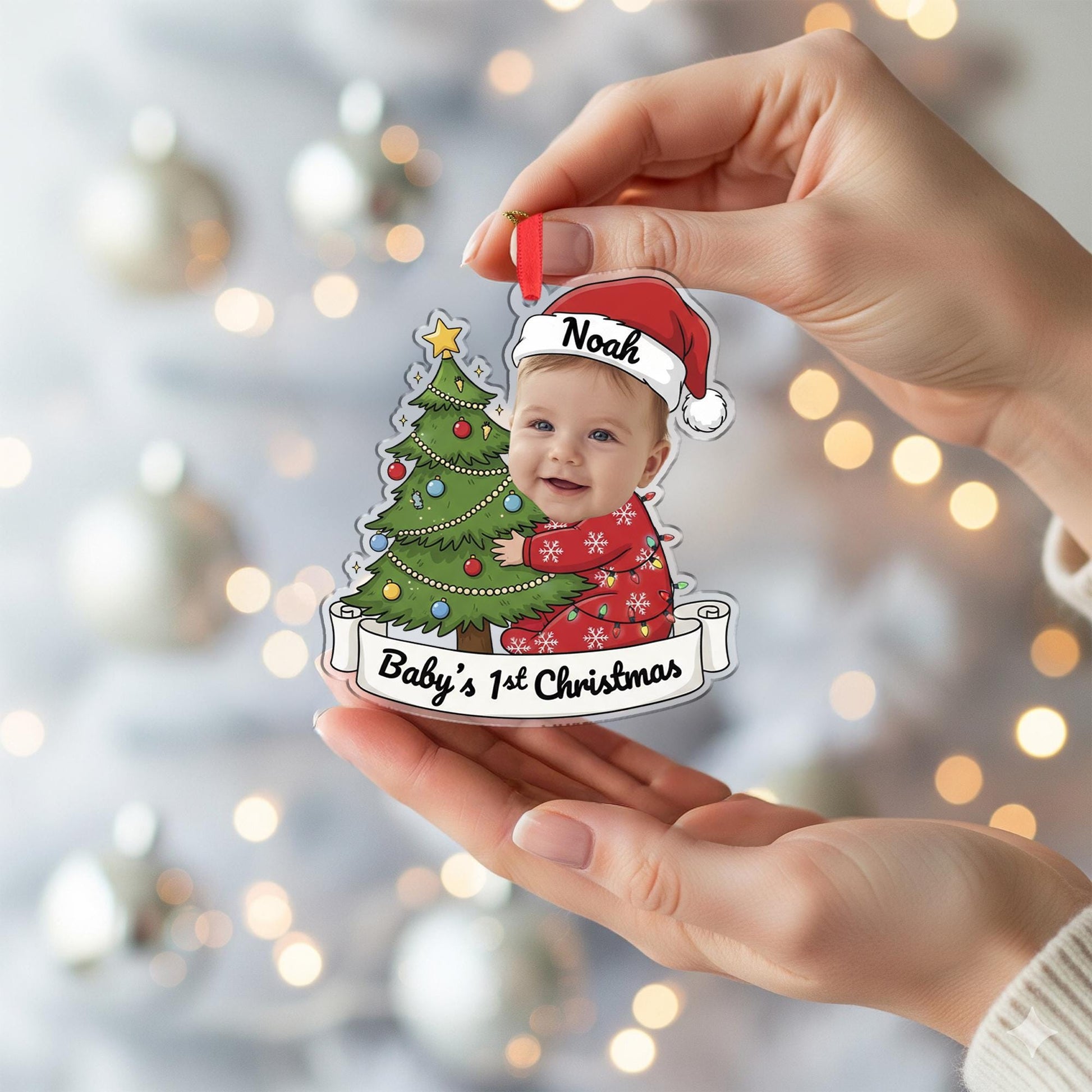 Personalized Baby’s First Christmas Ornament – Custom Photo Holiday Keepsake with Name & Tree